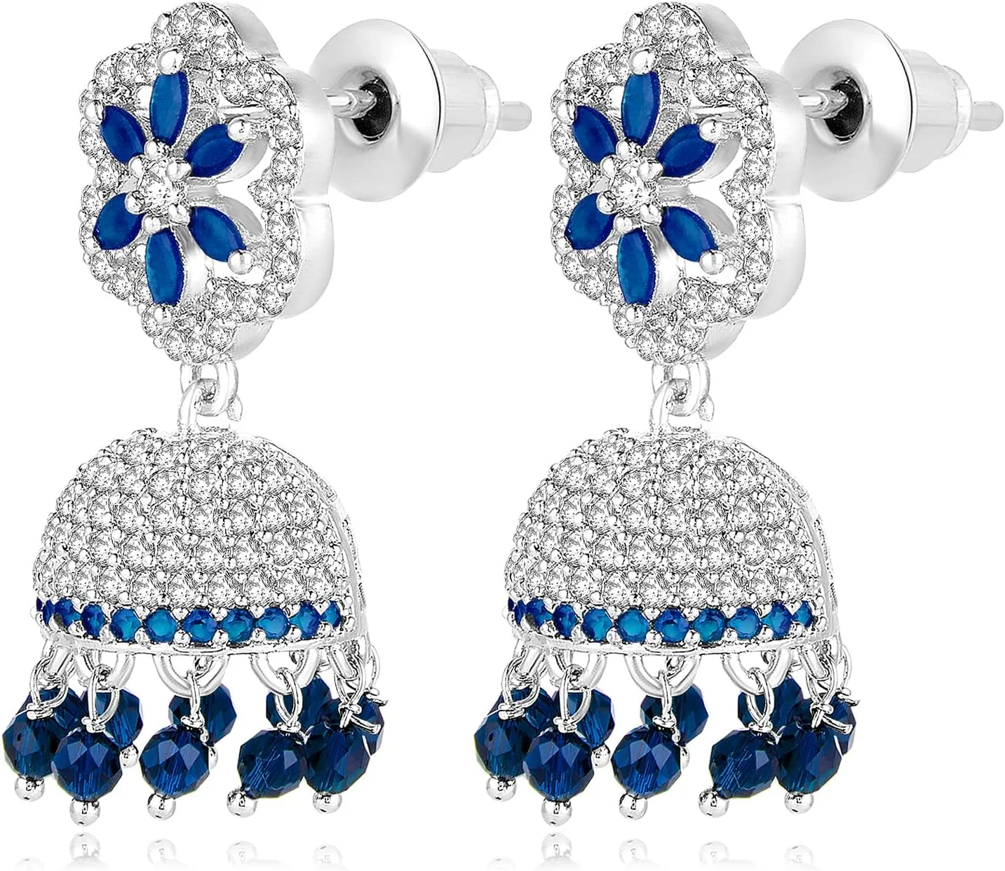 آهلی گوشواره های جومکی نقره ای با نگین های زیرکونیا و مهره های آبی زنانه آهلی گوشواره های جومکی نقره ای با نگین های زیرکونیا و مهره های آبی زنانه