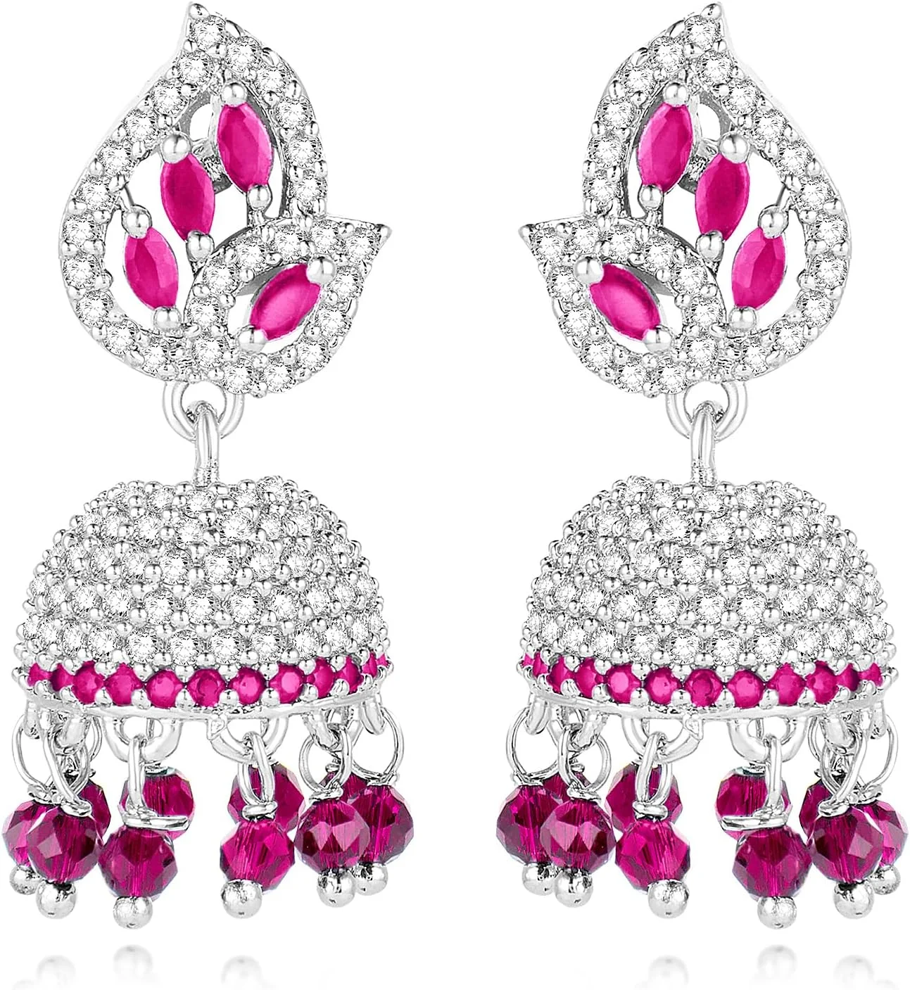 آهلی گوشواره های جومکی نقره ای با زیرکونیا مکعبی و مهره های صورتی رانی، جواهرات قومی برای زنان آهلی گوشواره های جومکی نقره ای با زیرکونیا مکعبی و مهره های صورتی رانی، جواهرات قومی برای زنان