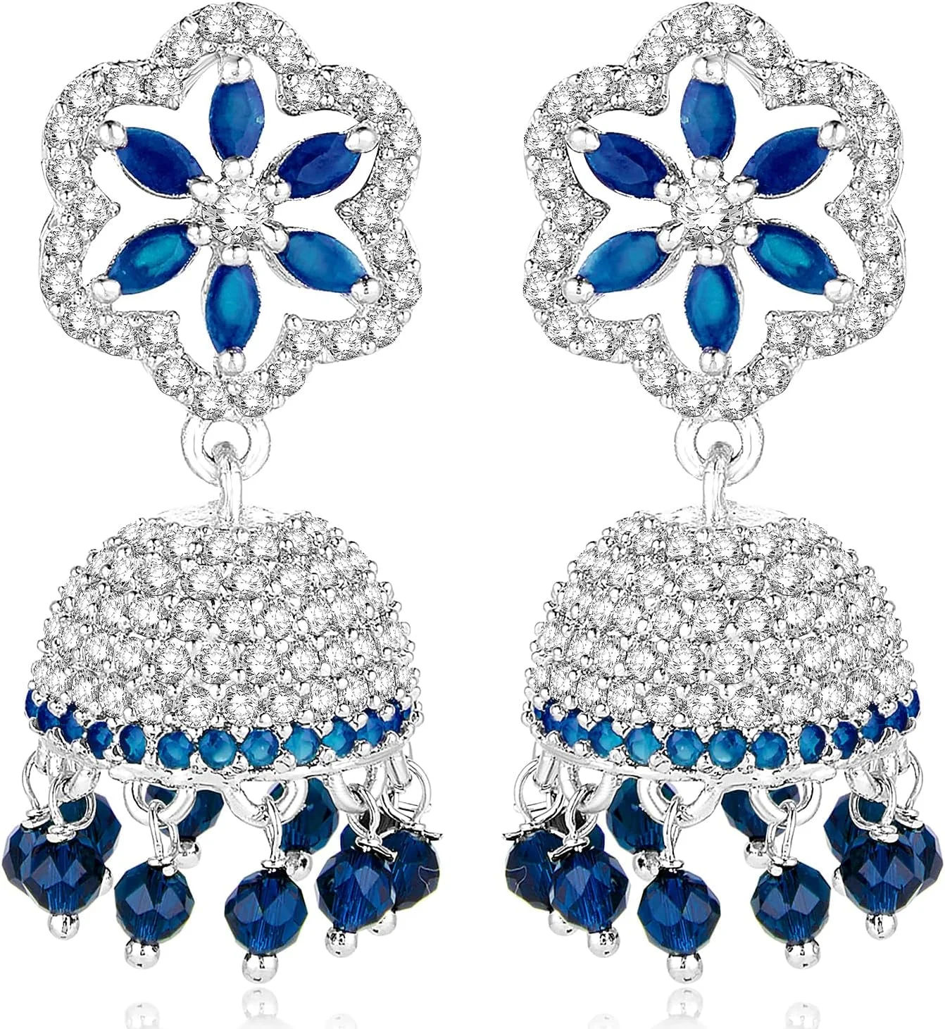 آهلی گوشواره های جومکی نقره ای با نگین های زیرکونیا و مهره های آبی زنانه آهلی گوشواره های جومکی نقره ای با نگین های زیرکونیا و مهره های آبی زنانه