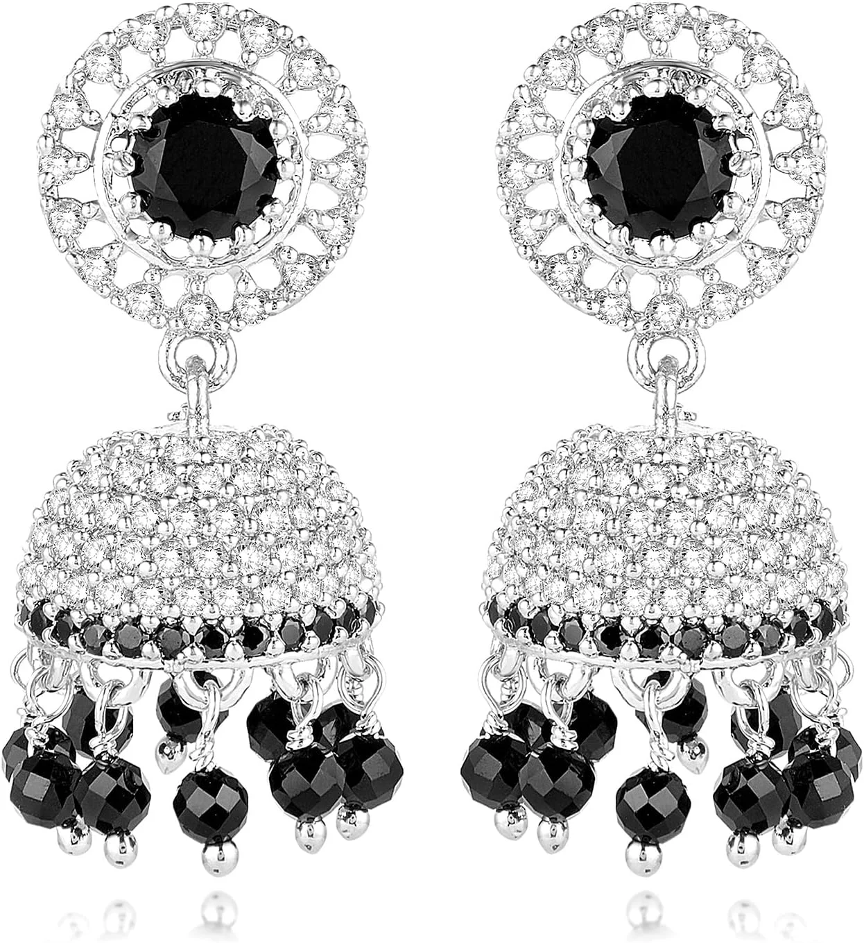 گوشواره های جومکی نگین دار نقره ای عیار بالا با زیرکونیا مکعبی، کریستال مشکی و مهره، جواهرات زنانه اهلی گوشواره های جومکی نگین دار نقره ای عیار بالا با زیرکونیا مکعبی، کریستال مشکی و مهره، جواهرات زنانه اهلی