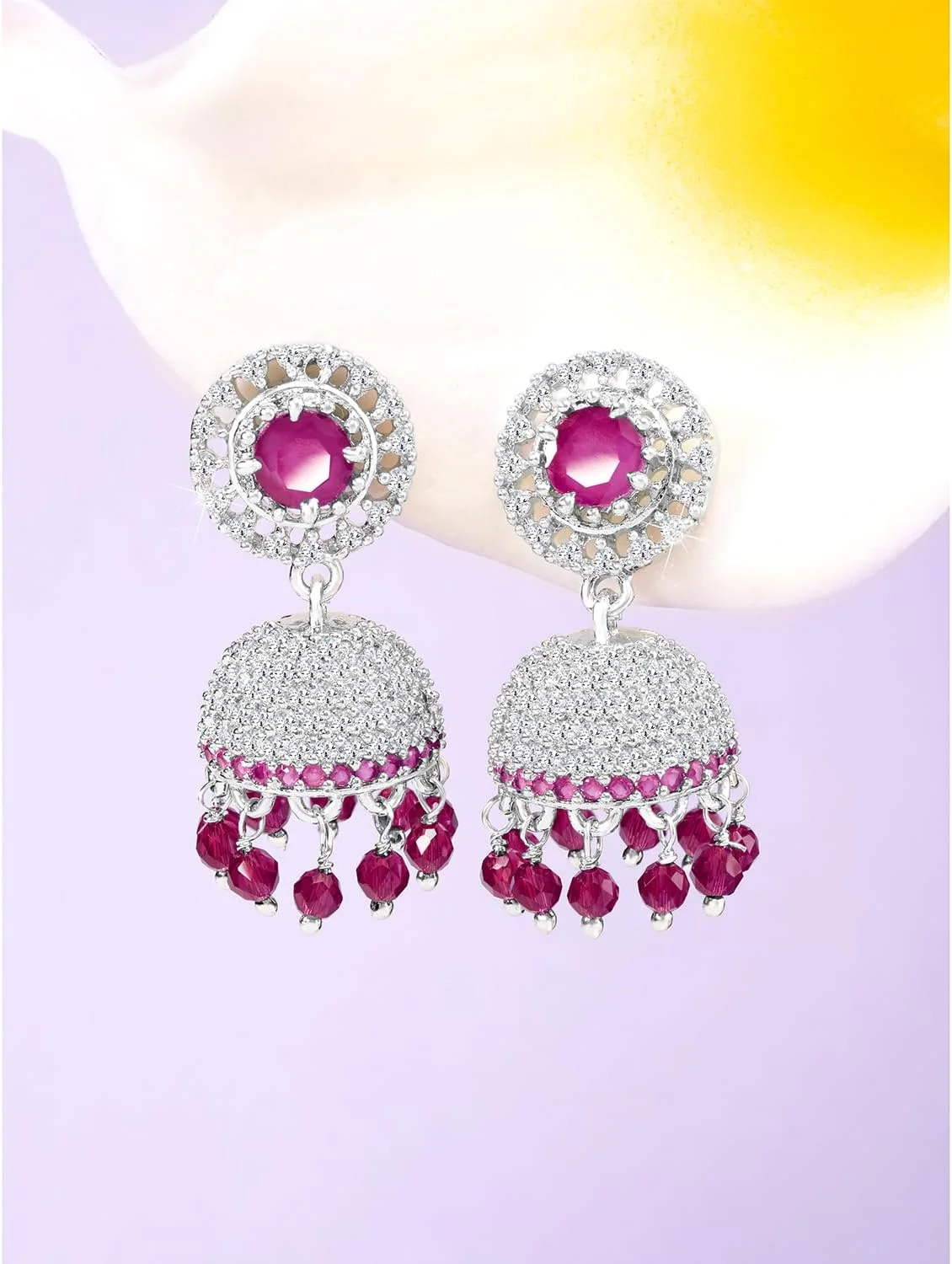 گوشواره های جومکی نگین دار نقره ای Aheli با زیرکونیا مکعبی، کریستال صورتی رانی و مهره، جواهرات زنانه
