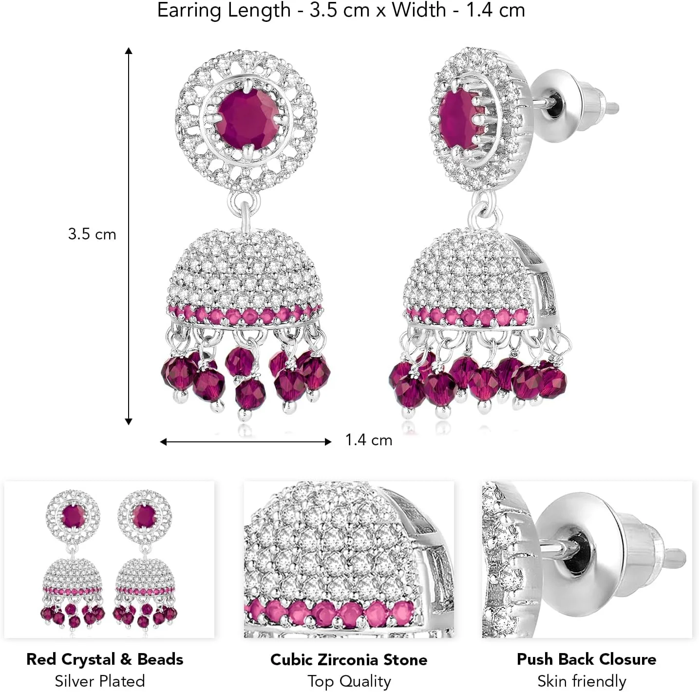 گوشواره های جومکی نگین دار نقره ای Aheli با زیرکونیا مکعبی، کریستال صورتی رانی و مهره، جواهرات زنانه