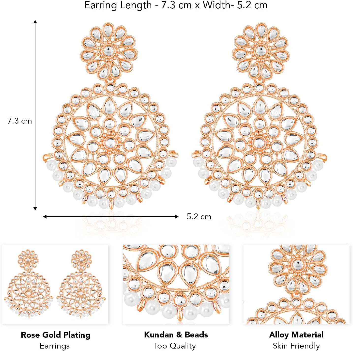 آویز گوشواره زنانه Aheli با روکش طلای رزگلد، نگین کاری شده با نگین های Kundan و مهره، جواهرات مد قومی آویز گوشواره زنانه Aheli با روکش طلای رزگلد، نگین کاری شده با نگین های Kundan و مهره، جواهرات مد قومی