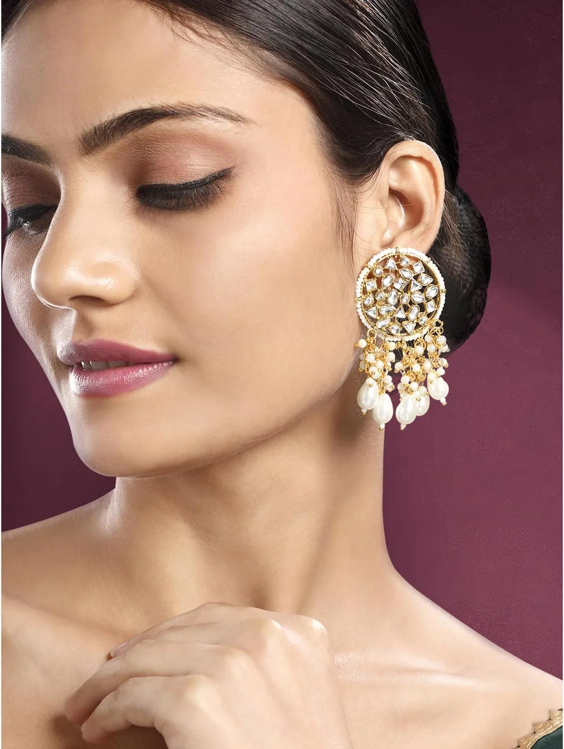 آهلی گوشواره های آویز نگین دار با روکش طلایی، نگین های سفید و مهره، هدیه جواهرات قومی برای زنان آهلی گوشواره های آویز نگین دار با روکش طلایی، نگین های سفید و مهره، هدیه جواهرات قومی برای زنان