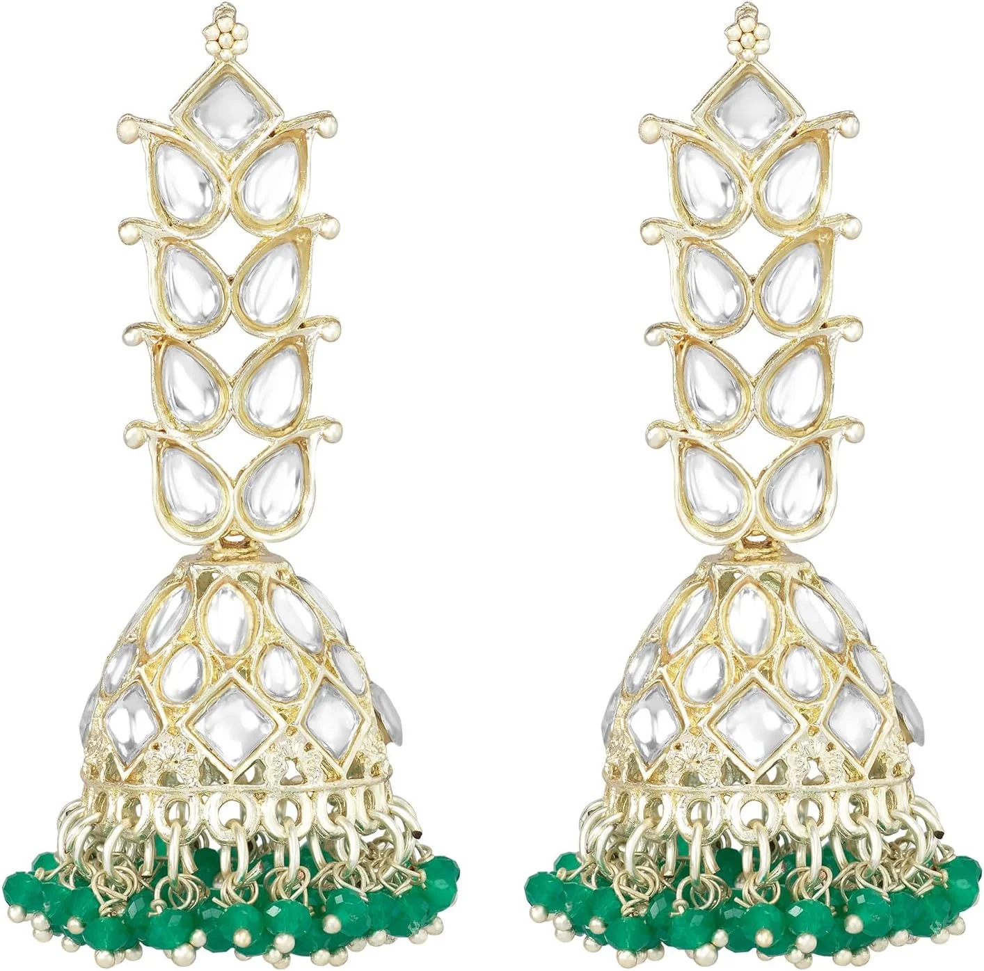 آهلی گوشواره های آویز جومکی سبز رنگ با روکش طلایی و نگین های Kundan و مهره، جواهرات شیک و سنتی هدیه ای برای زنان