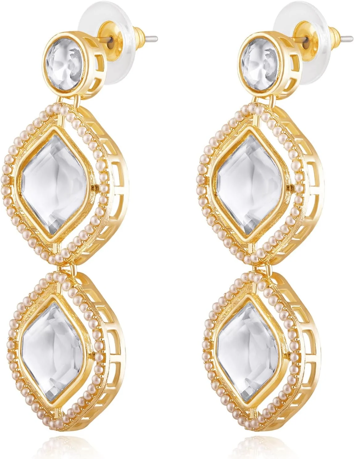 آهلی ست گوشواره آویز نگین‌دار با سنگ مصنوعی و مهره‌های سفید و انگشتر - هدیه جواهرات مدرن برای زنان