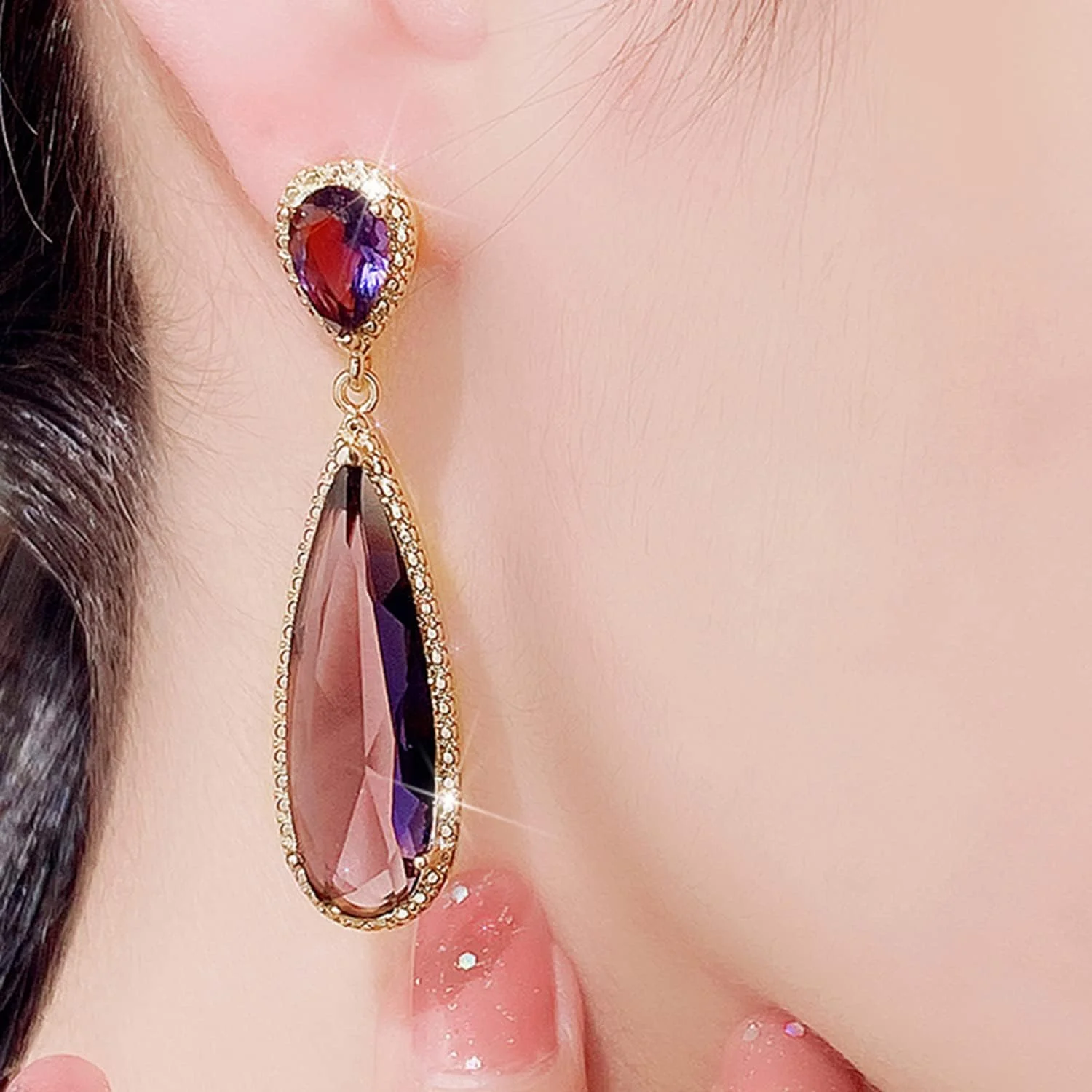 آهلی گوشواره آویز نگین دار بنفش با روکش طلایی - زیورآلات فشن هدیه برای زنان