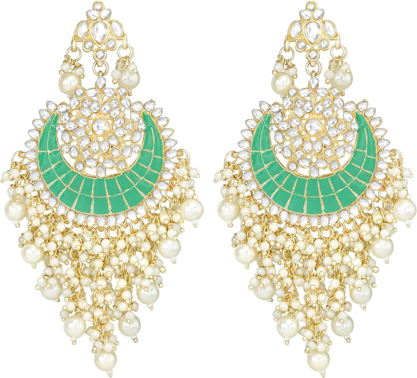 گوشواره آویز مجلسی زنانه طرح مینا کاری شده با نگین های Kundan و مروارید، روکش طلایی، سبک قومی و سنتی