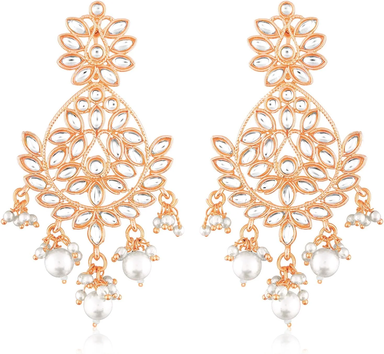 گوشواره های آویز زنانه Aheli با روکش طلای رز، نگین کاری شده با Kundan و مهره، جواهرات قومی