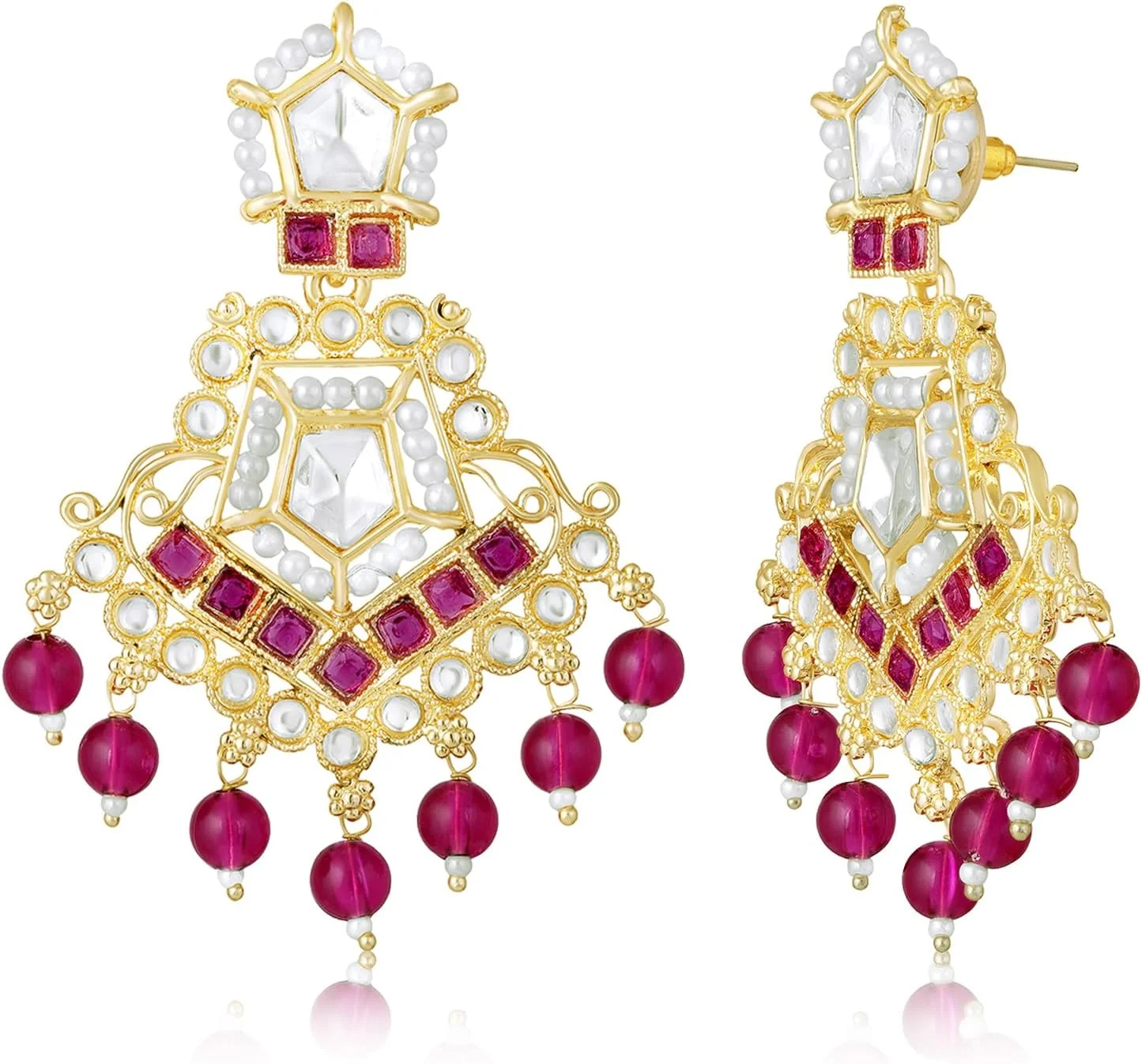گوشواره های آویز نگین دار Aheli Rani صورتی با نگین های Kundan و مهره، هدیه جواهرات قومی برای زنان