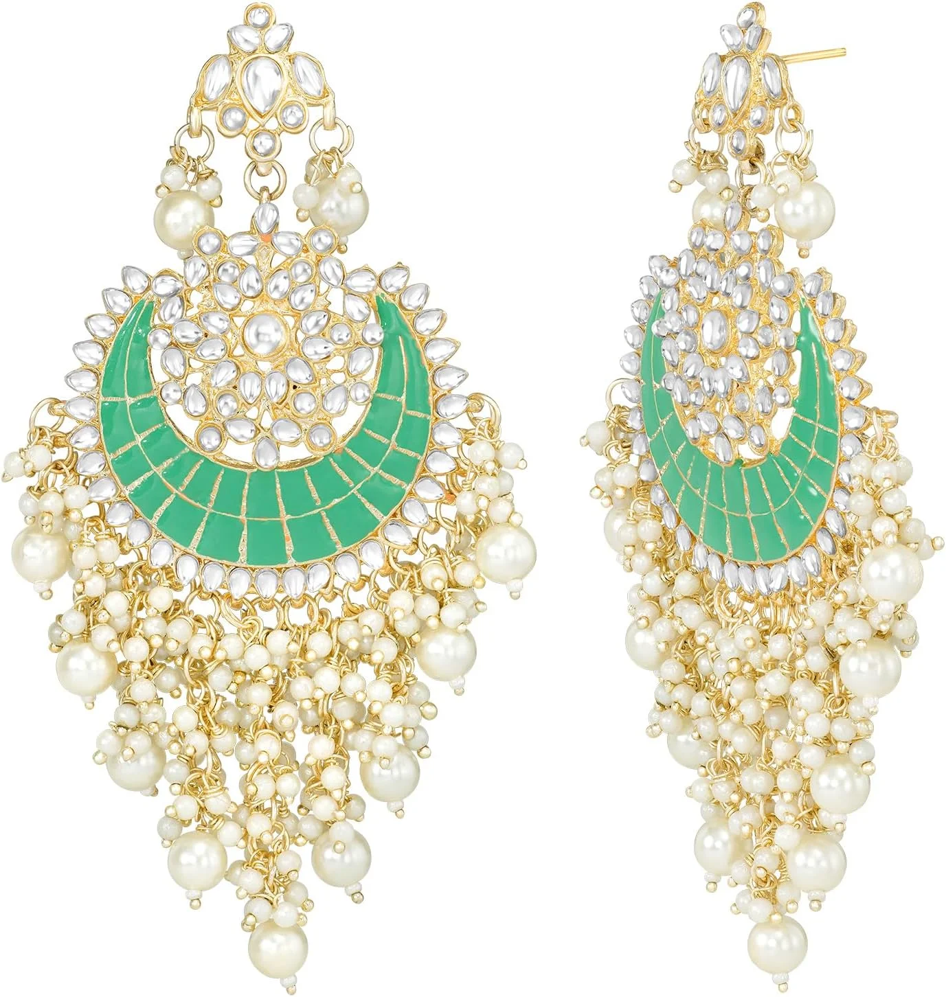 گوشواره آویز مجلسی زنانه طرح مینا کاری شده با نگین های Kundan و مروارید، روکش طلایی، سبک قومی و سنتی