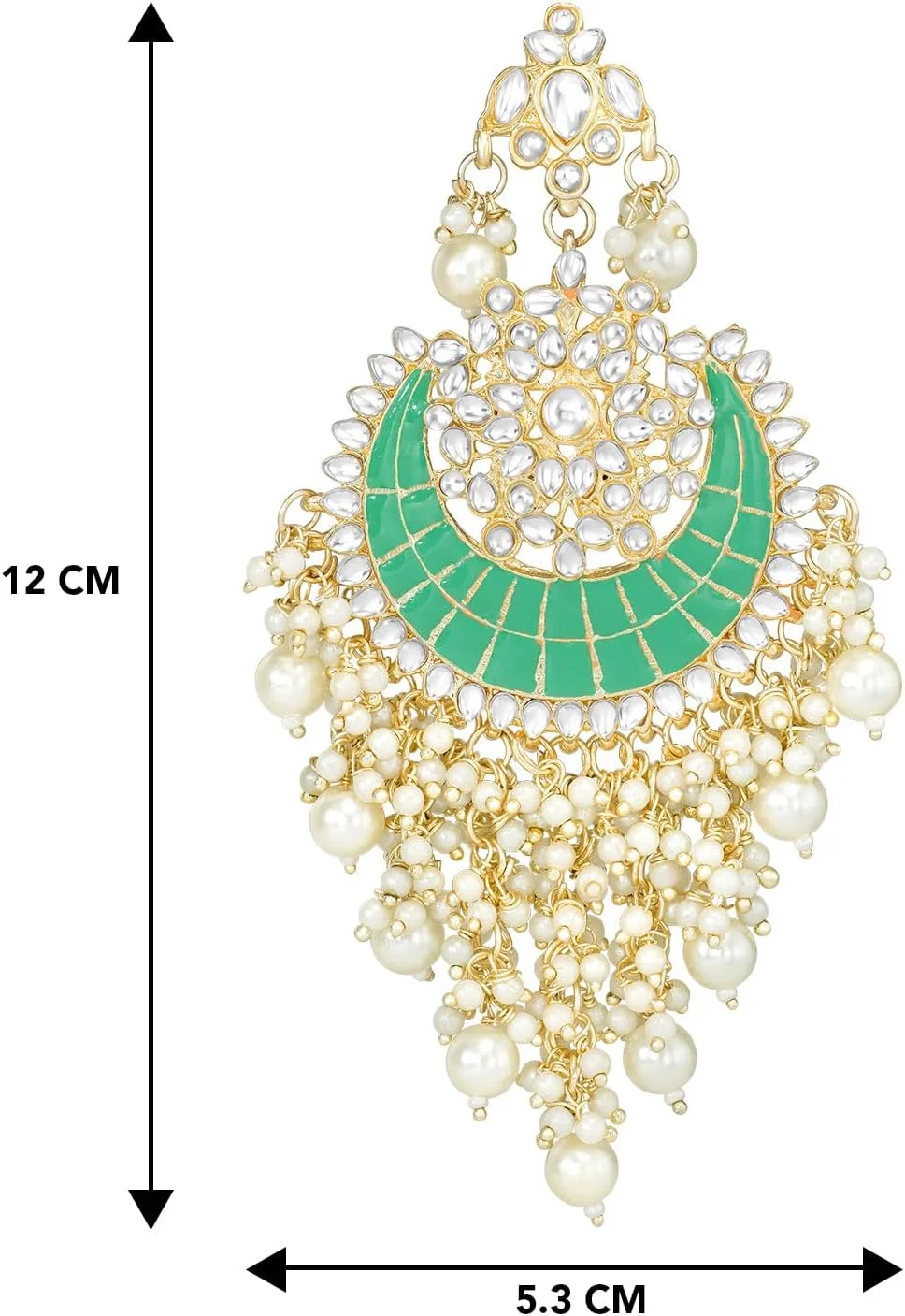 گوشواره آویز مجلسی زنانه طرح مینا کاری شده با نگین های Kundan و مروارید، روکش طلایی، سبک قومی و سنتی