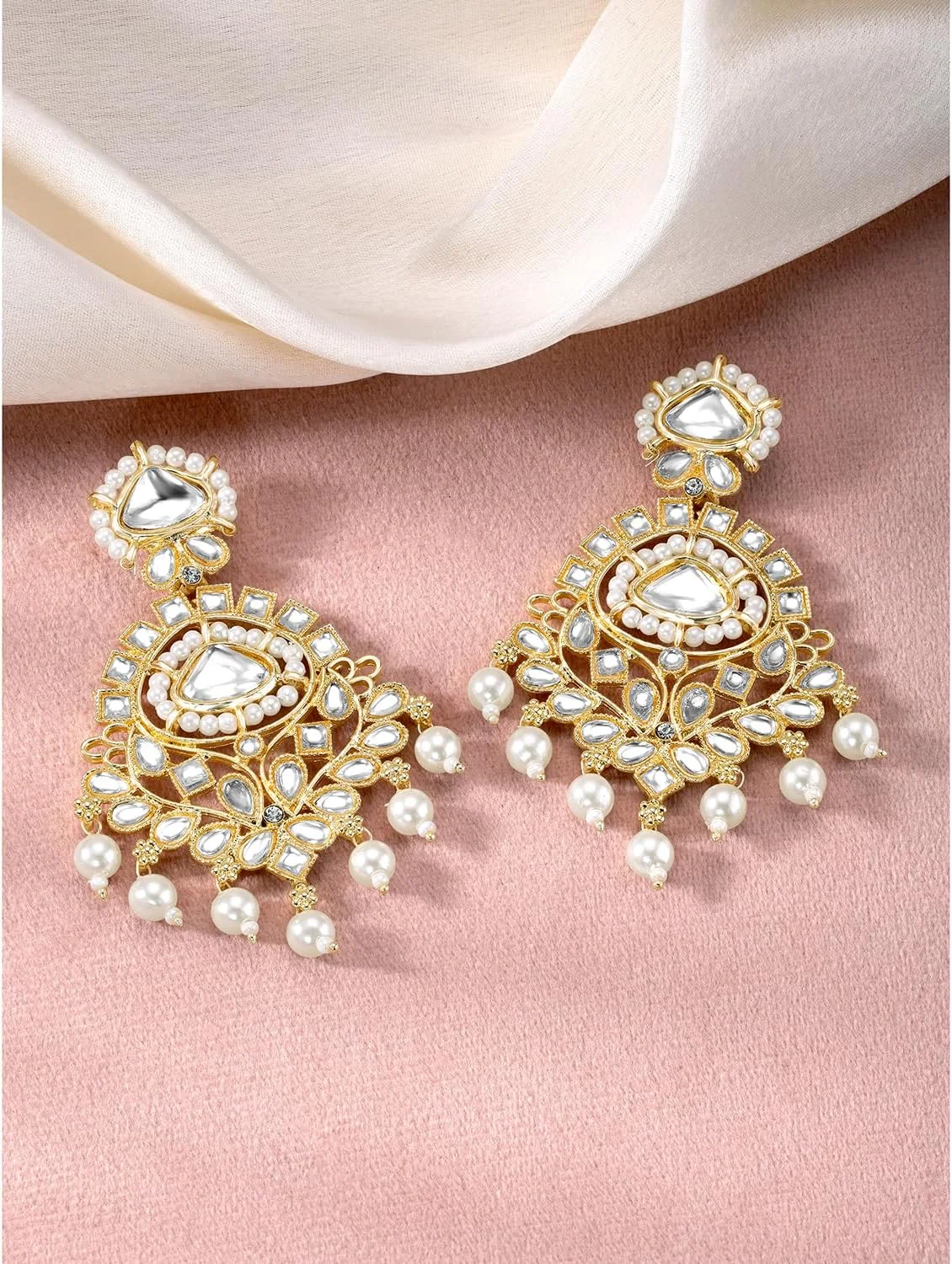 آهلی گوشواره های آویز نگین دار با روکش طلایی و سنگ مصنوعی سفید و مهره، هدیه جواهرات قومی برای زنان