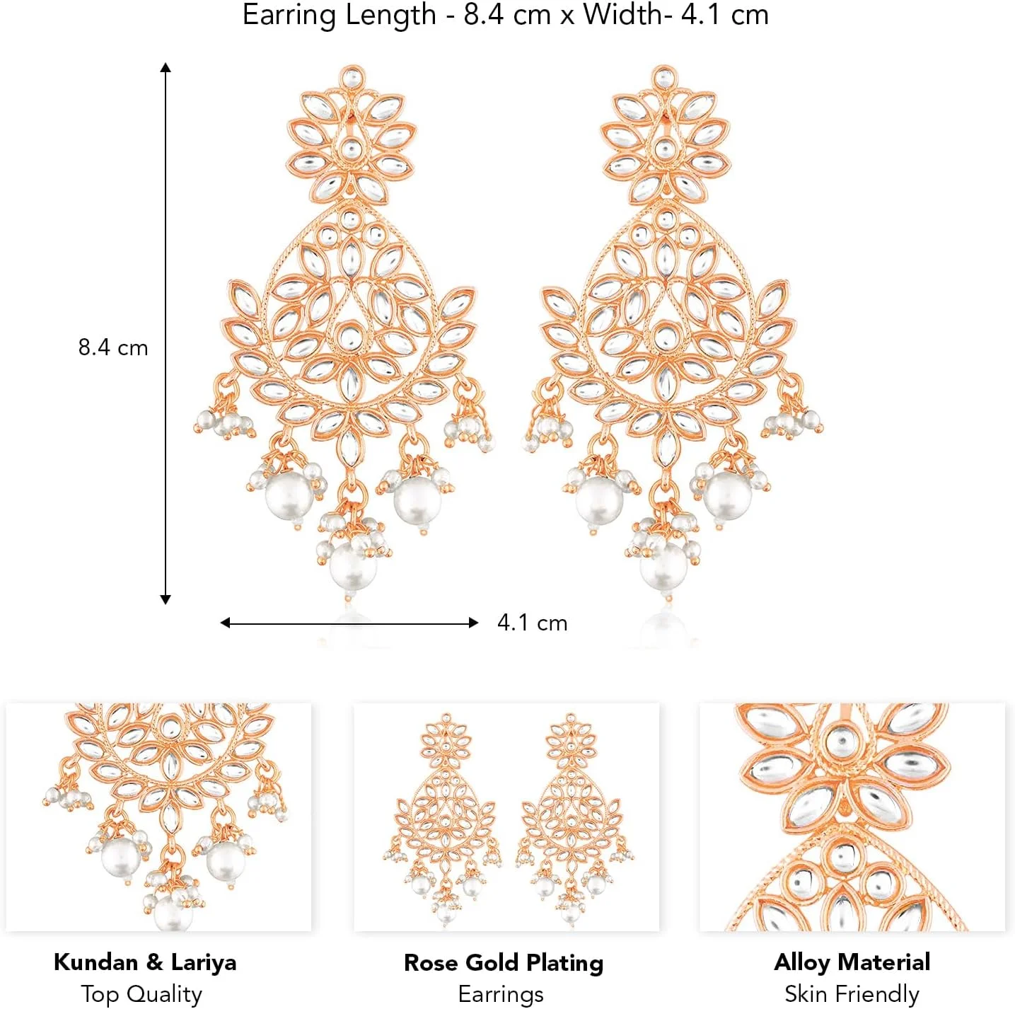 گوشواره های آویز زنانه Aheli با روکش طلای رز، نگین کاری شده با Kundan و مهره، جواهرات قومی گوشواره های آویز زنانه Aheli با روکش طلای رز، نگین کاری شده با Kundan و مهره، جواهرات قومی