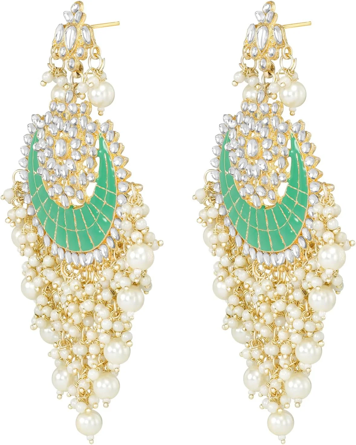 گوشواره آویز مجلسی زنانه طرح مینا کاری شده با نگین های Kundan و مروارید، روکش طلایی، سبک قومی و سنتی