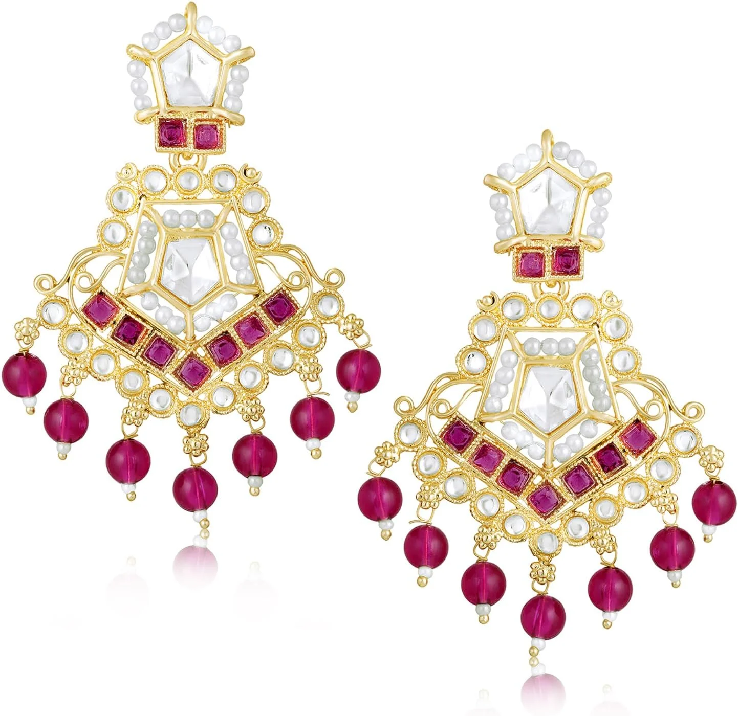گوشواره های آویز نگین دار Aheli Rani صورتی با نگین های Kundan و مهره، هدیه جواهرات قومی برای زنان گوشواره های آویز نگین دار Aheli Rani صورتی با نگین های Kundan و مهره، هدیه جواهرات قومی برای زنان