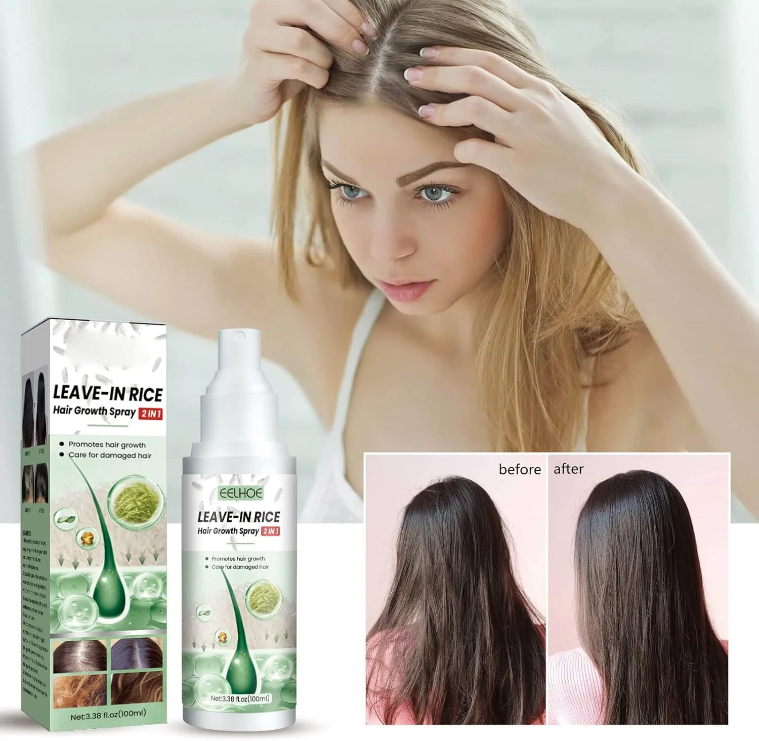 اسپری نرم کننده آب برنج برای رشد مو، محصولات مراقبت از موی وگان برای زنان، مناسب موهای خشک، وز، ضعیف و آسیب دیده (3 عدد)