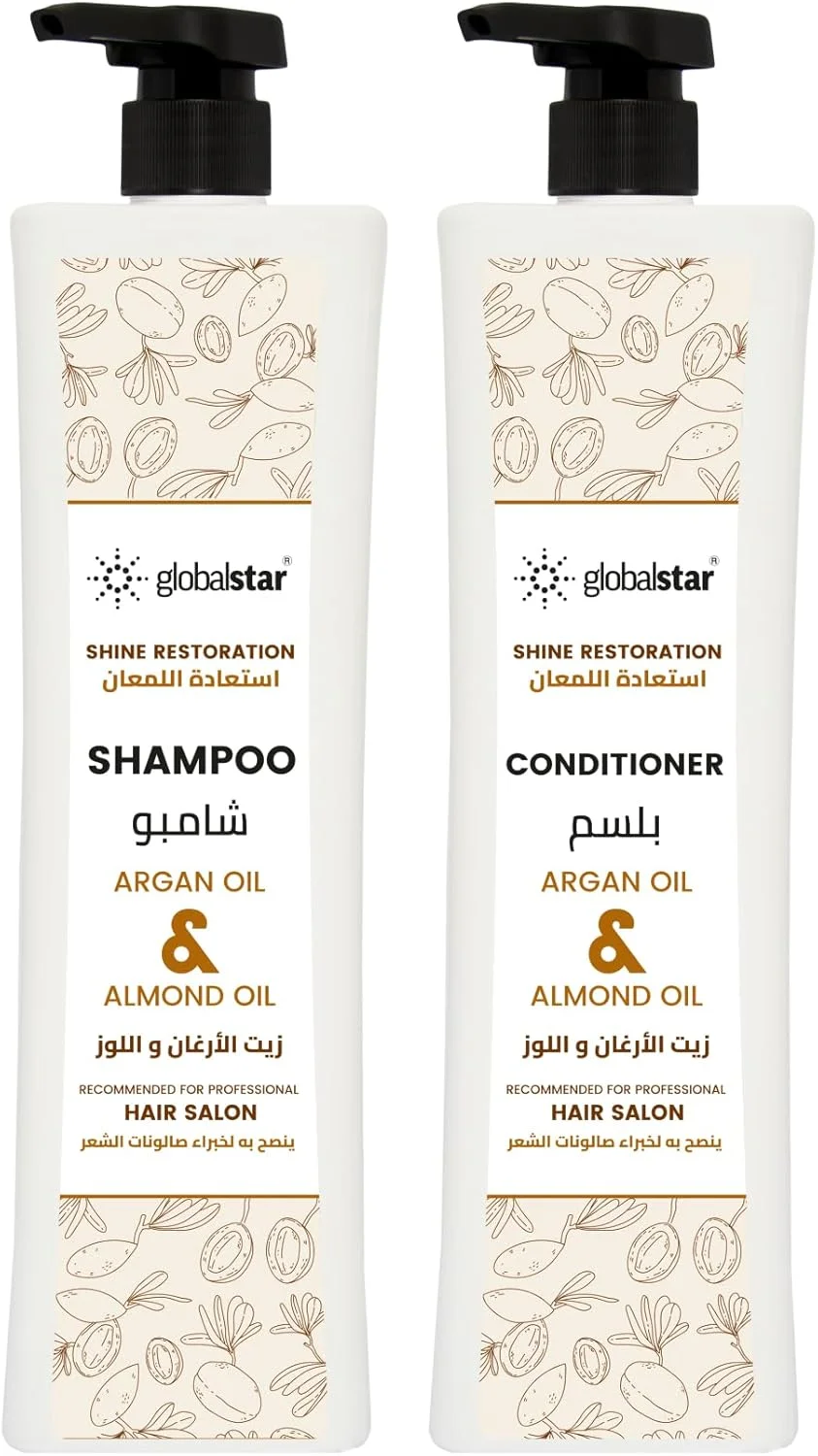 نرم کننده مو 1000 میلی لیتری گلوبال استار - آبرسانی و ترمیم نهایی - روغن نارگیل و کرچک، درخت چای و نعناع، شی باتر و پاپایا، روغن آرگان و بادام برای انواع مو (روغن آرگان و بادام)