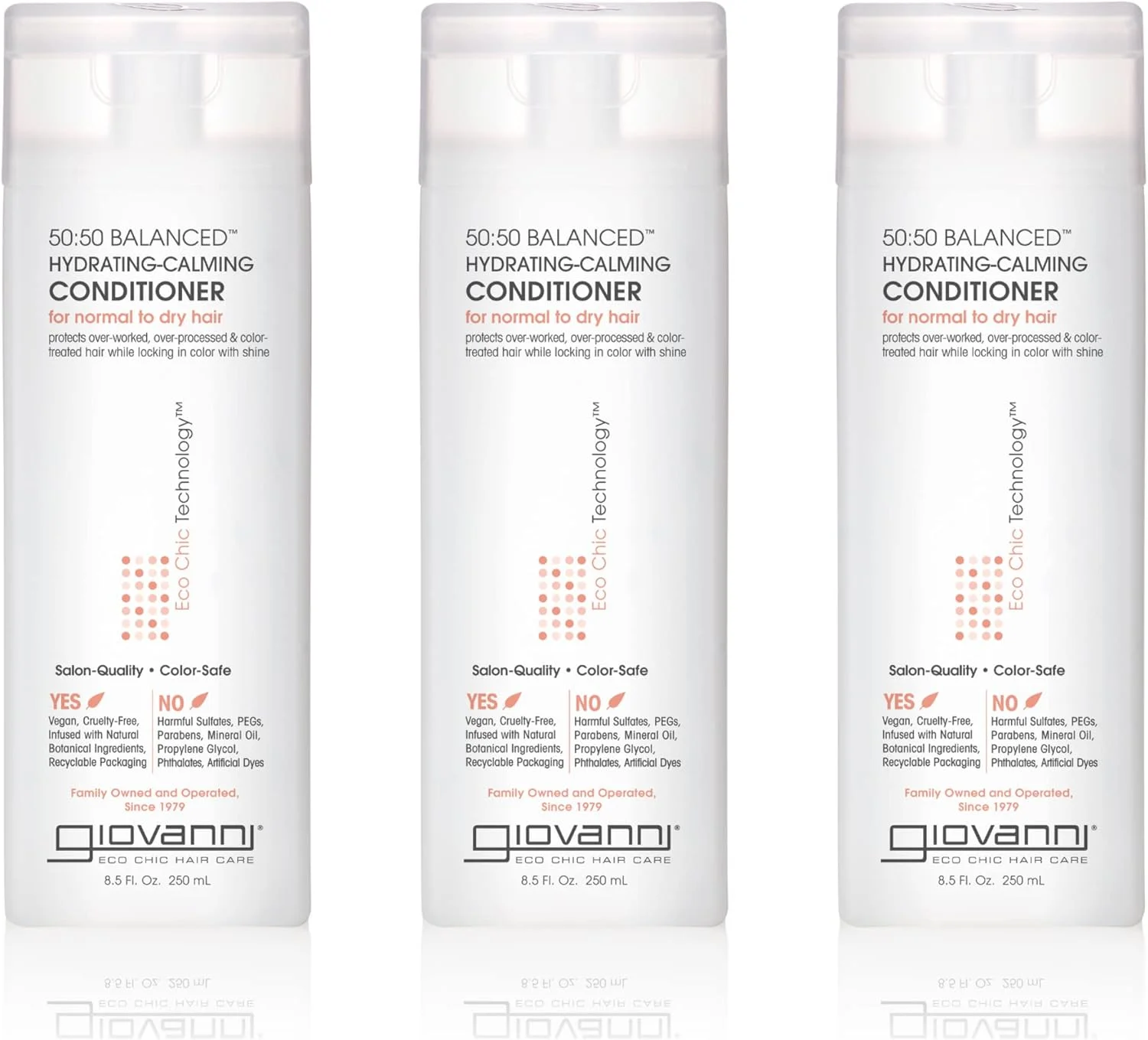 نرم کننده موی متعادل کننده و آبرسان 50:50 جیووانی اکو شیک، 250 میلی لیتر - متعادل کننده PH مو برای موهای آسیب دیده، بدون سولفات لوریل و لورت، محافظ رنگ (بسته 3 عددی)