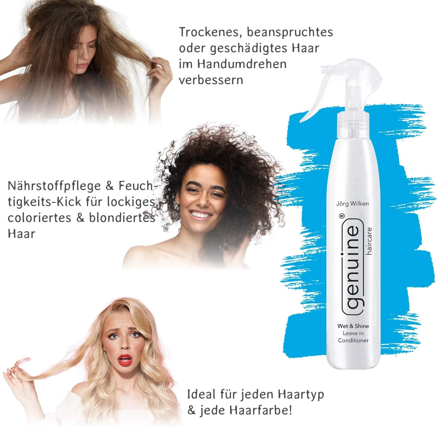 نرم کننده مو بدون نیاز به آبکشی Wet & Shine مراقبت موی اصل، اسپری مرطوب کننده برای موهای خشک و آسیب دیده، مناسب برای انواع مو.