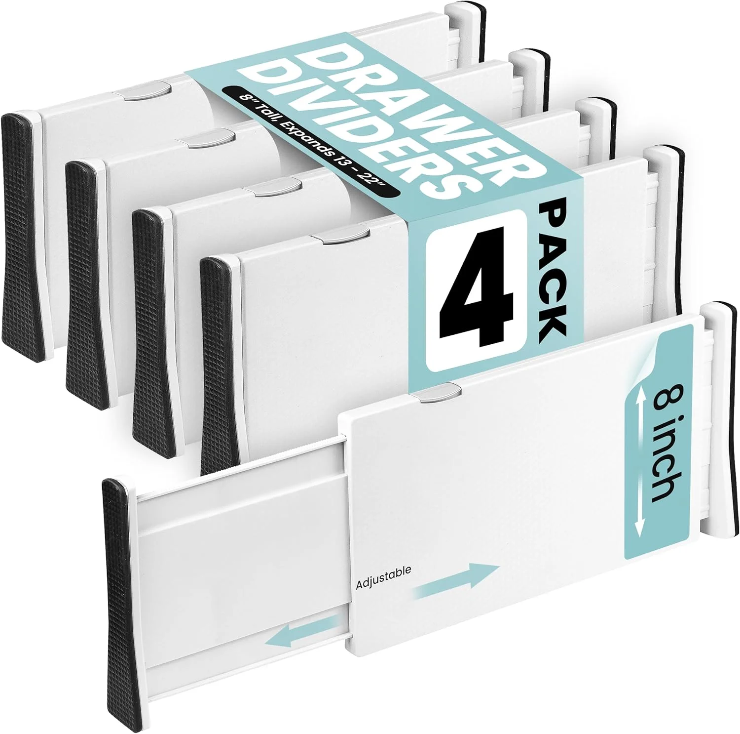 تقسیم کننده کشو عمیق Rapturous بسته 4 عددی، [20 سانتی متر ارتفاع، 33-56 سانتی متر] طول قابل گسترش، تقسیم کننده های کشو قابل تنظیم برای لباس، کمد، آشپزخانه، نگهدارنده قوی و محکم، لبه های فوم نرم (مشکی)