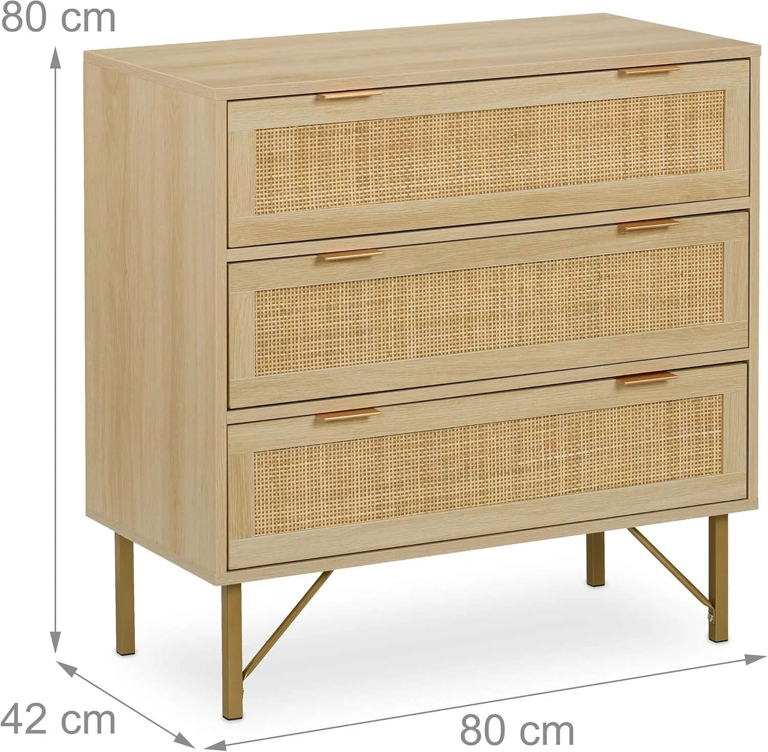 کمد کشو دار ریلکس دیز، 3 کشو، طرح چوب و راتان، ارتفاع 80x80x42 سانتی متر، مناسب اتاق نشیمن، راهرو، کمد لباس، رنگ طبیعی/طلایی