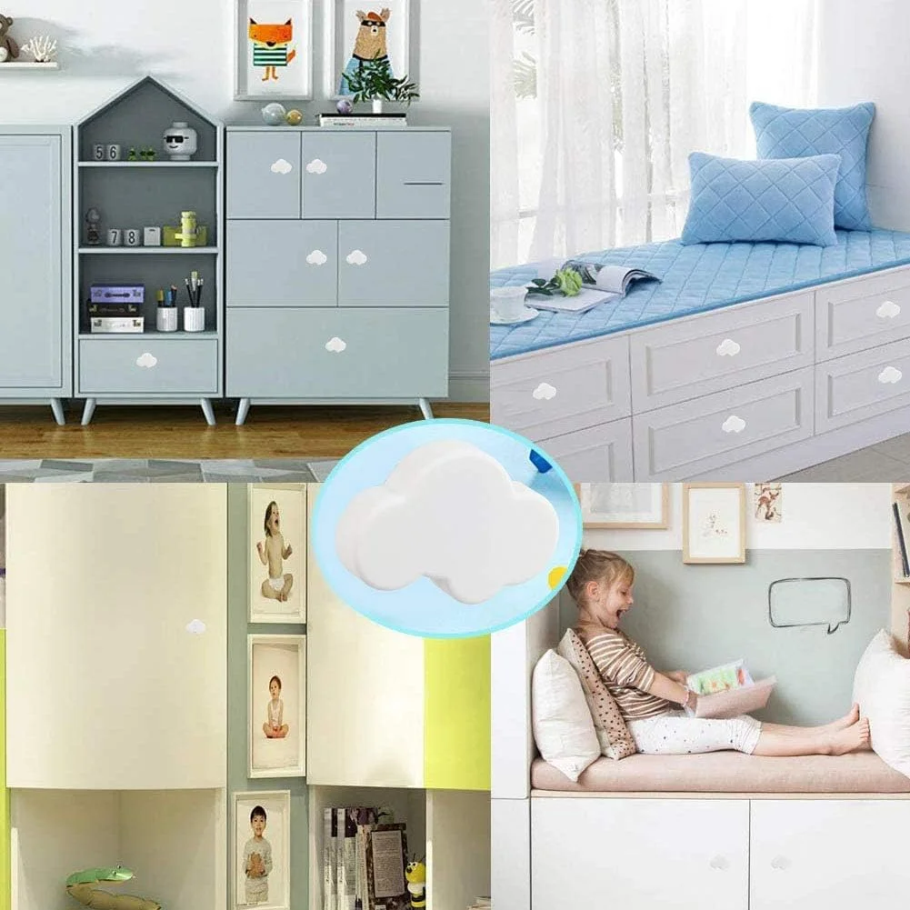 دستگیره های لاستیکی نرم SaiKer، 10 عدد دستگیره کابینت طرح ابر کارتونی، دستگیره های کشوی زیبا برای کودکان برای کابینت، در، کمد، کابینت آشپزخانه (سفید)