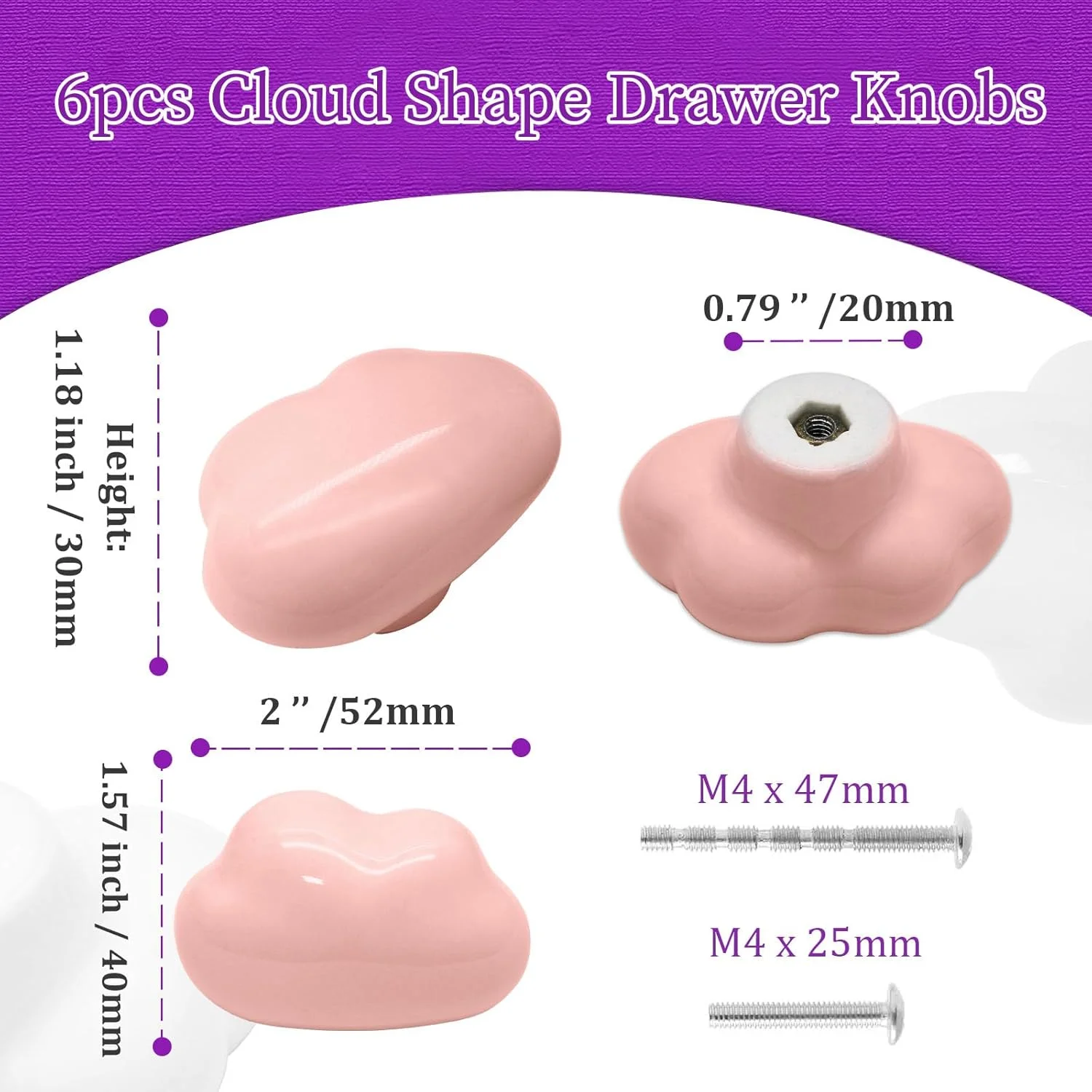 دستگیره کابینت سرامیکی Qjaiune، 6 عددی - دستگیره کشو صورتی، دستگیره کمد طرح ابر، دستگیره های زیبا برای کابینت آشپزخانه اتاق خواب کودکان
