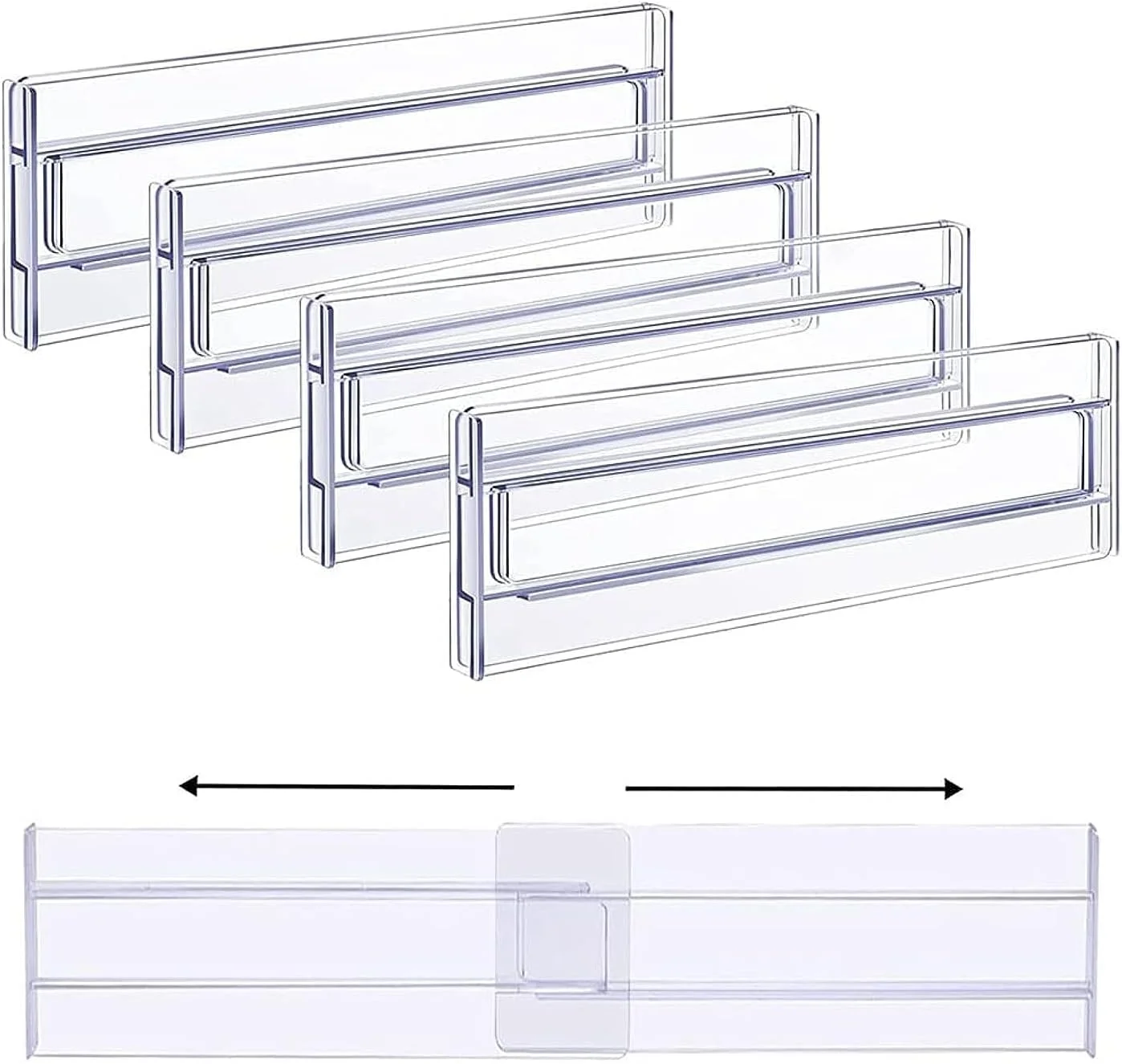 8 عدد جداکننده کشو برای لباس - ارتفاع 3.2 اینچ قابل تنظیم، قابل گسترش از 11 تا 19 اینچ، سازمان دهنده کشو کمد - جداکننده های کشو پلاستیکی شفاف برای لباس - لوازم آشپزخانه و نگهداری اداری (شفاف)