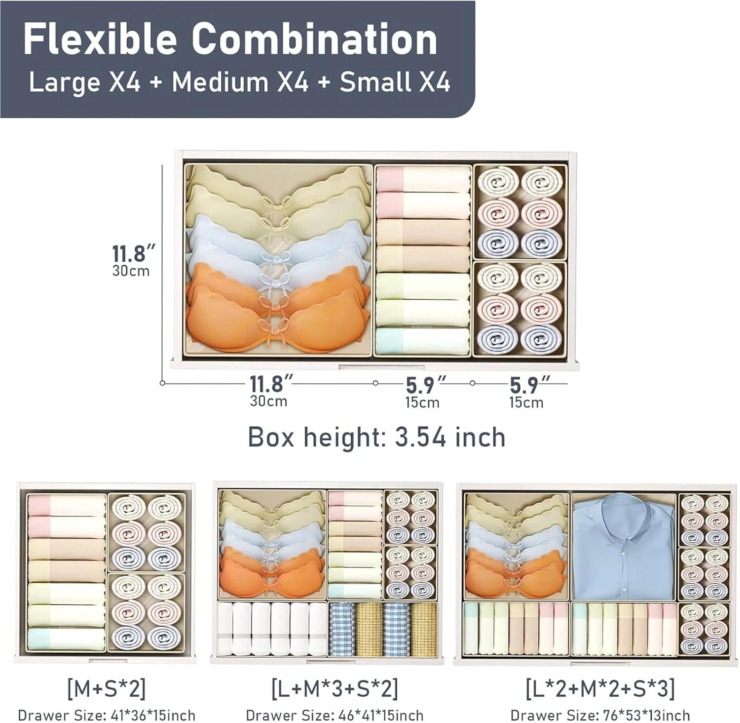 ارگانایزر لباس کشو ROUNY، بسته 12 عددی ارگانایزر کمد، ارگانایزر و نگهداری تاشو کمد، سطل پارچه ای کمد، تقسیم کننده کشو برای اتاق نوزاد، لباس کودک، لباس زیر، جوراب (بژ)