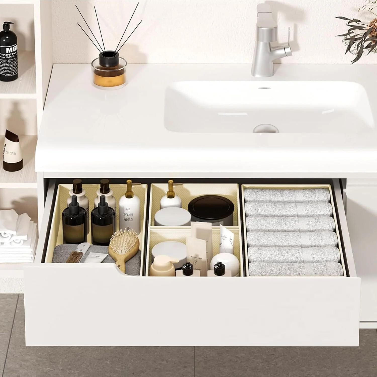 ارگانایزر لباس کشو ROUNY، بسته 12 عددی ارگانایزر کمد، ارگانایزر و نگهداری تاشو کمد، سطل پارچه ای کمد، تقسیم کننده کشو برای اتاق نوزاد، لباس کودک، لباس زیر، جوراب (بژ)