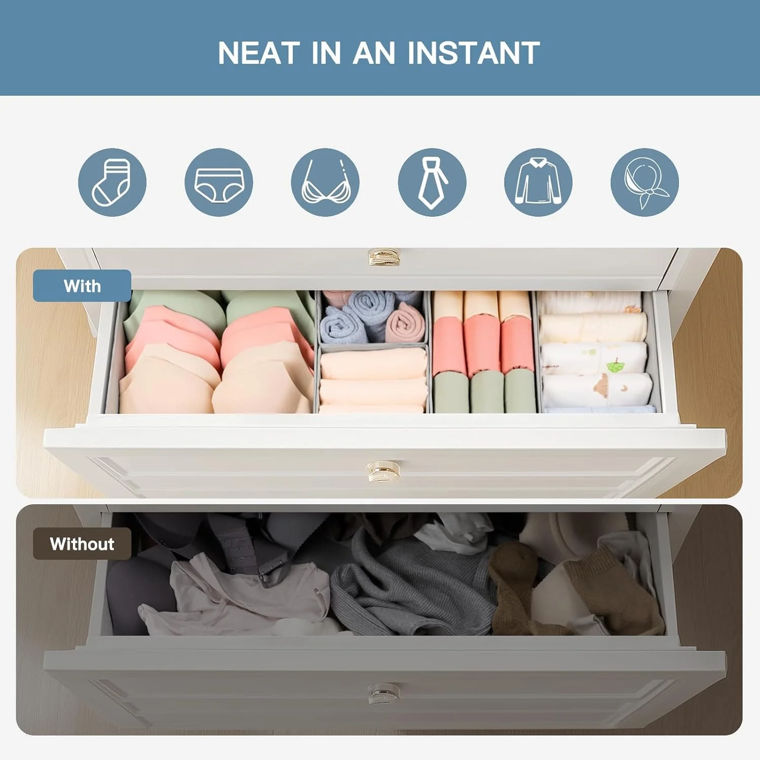 نظم دهنده کشو لباس، بسته 10 عددی نظم دهنده کمد برای لباس کودک، لباس زیر، جوراب - تقسیم کننده های تاشو برای سازماندهی و نگهداری کمد برای اتاق کودک، اتاق خواب (خاکستری، 10 عددی)