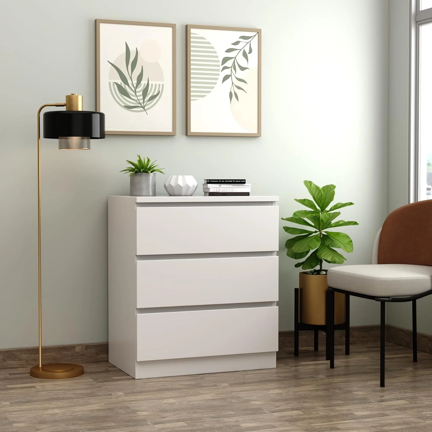 کشو چوبی مدرن RIGID با 3 کشو | کابینت اداری با فضای ذخیره سازی بزرگ و صفحه MDF | کشو برای اتاق نشیمن، راهرو، دفتر کار خانگی (سفید، 75 ارتفاع x 69 عرض x 45 عمق سانتی متر)