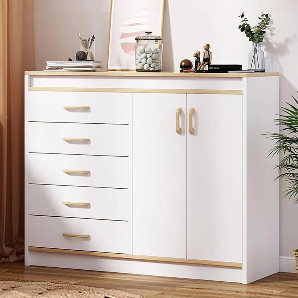 دراور MUMOO BEAR، کابینت ذخیره سازی چوبی با 5 کشو و 2 درب برای لوازم خانگی و ظروف آشپزخانه، کابینت ذخیره سازی مدرن کشو برای اتاق نشیمن، اتاق غذاخوری و اتاق خواب، DG100 (سفید)