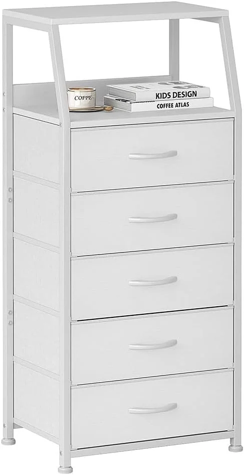 دراور سفید رنگ LENND با 5 کشو، کمد پارچه ای عمودی برای اتاق خواب، راهرو، ورودی، اتاق کودک، سازمان دهنده کمد، میز کنار تخت، مبلمان، قاب فولادی محکم، رویه چوبی