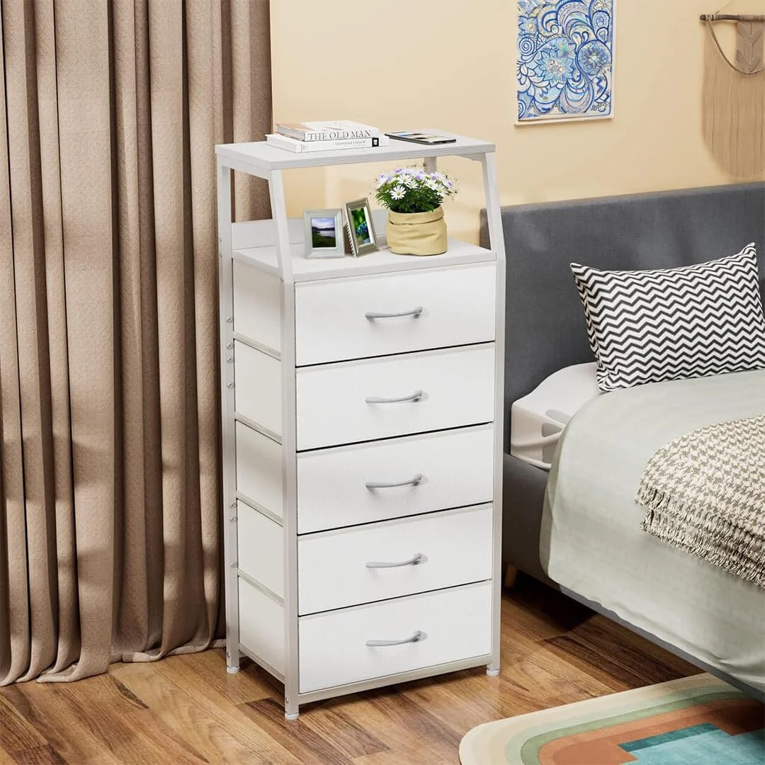 دراور سفید رنگ LENND با 5 کشو، کمد پارچه ای عمودی برای اتاق خواب، راهرو، ورودی، اتاق کودک، سازمان دهنده کمد، میز کنار تخت، مبلمان، قاب فولادی محکم، رویه چوبی