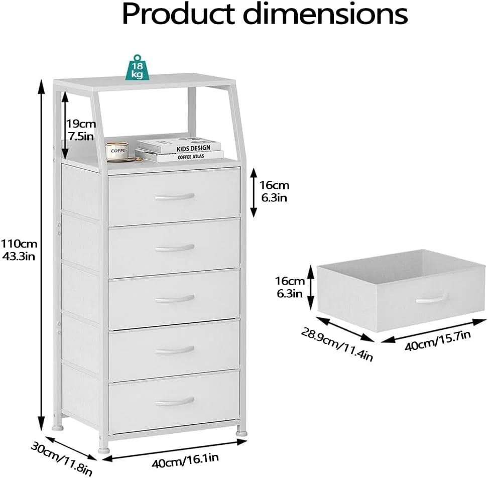 دراور سفید رنگ LENND با 5 کشو، کمد پارچه ای عمودی برای اتاق خواب، راهرو، ورودی، اتاق کودک، سازمان دهنده کمد، میز کنار تخت، مبلمان، قاب فولادی محکم، رویه چوبی
