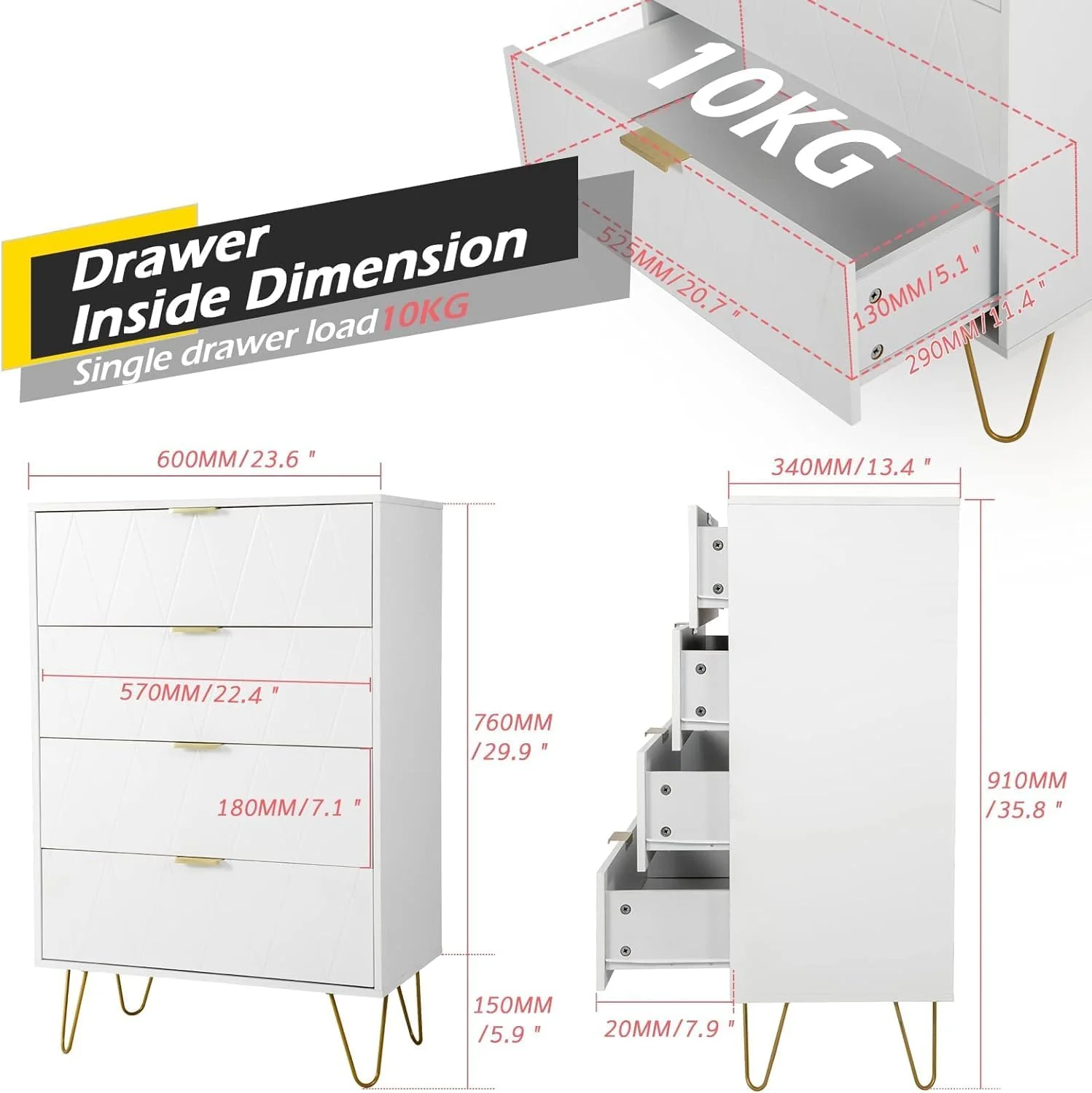 دراور سفید Lepdep برای اتاق خواب با 4 کشو، کمد کشویی بلند مدرن، سازمان دهنده کابینت چوبی با پایه های فلزی طلایی برای اتاق خواب، اتاق نشیمن