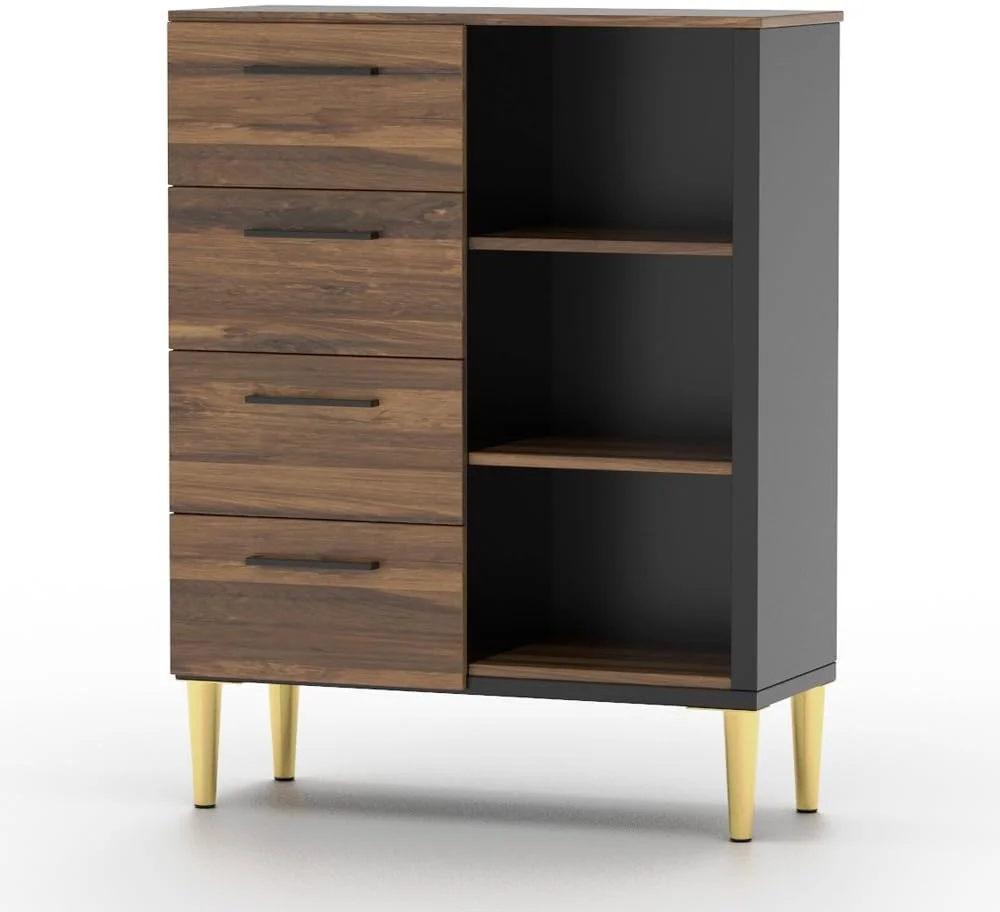 دراور چوبی مدرن Mahmayi با 4 کشو و 3 قفسه نگهداری باز برای اتاق نشیمن، اتاق خواب، دفتر کار خانگی، ورودی - بلوط هانتون تیره و مشکی