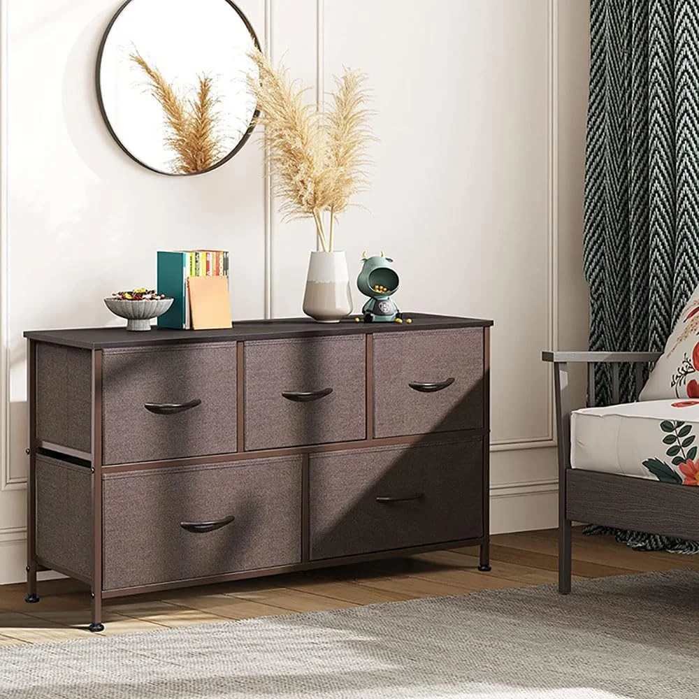 دراور کمدی MUMOO BEAR، دارای 5 کشو، واحد سازمان دهنده ذخیره سازی با کشوهای پارچه ای و قاب فلزی برای لباس، تنقلات، اسباب بازی ها برای اتاق نشیمن و اتاق خواب (قهوه ای)