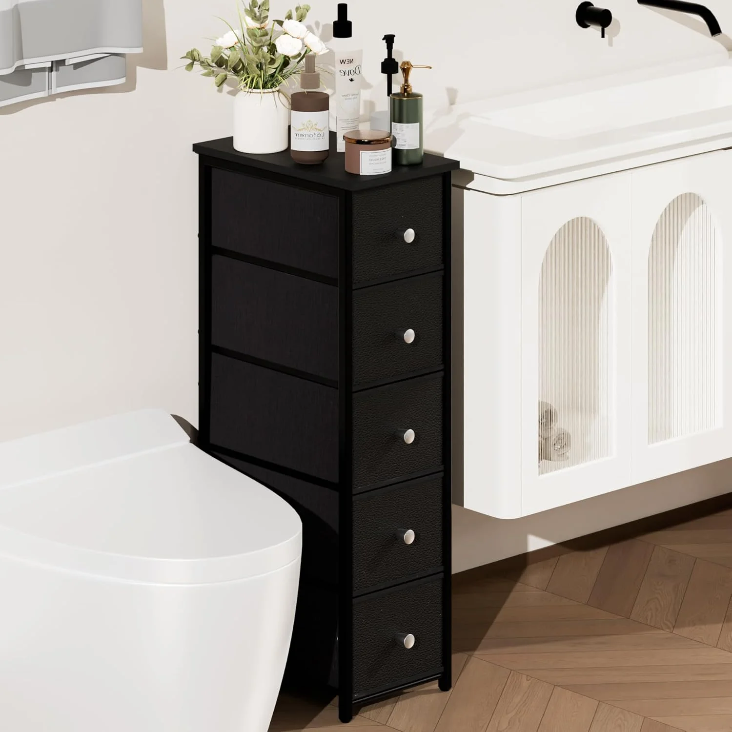 کابینت باریک ذخیره سازی Lurcns برای فضاهای کوچک، کمد باریک حمام با کشو، سازمان دهنده ذخیره سازی بلند و باریک برای حمام و اتاق خواب، کابینت لاغر (مشکی، 5 کشو)