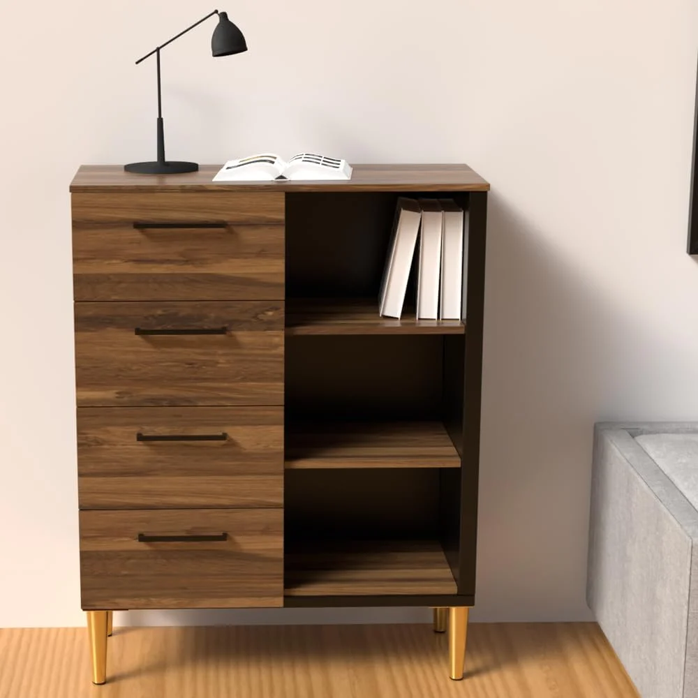 دراور چوبی مدرن Mahmayi با 4 کشو و 3 قفسه نگهداری باز برای اتاق نشیمن، اتاق خواب، دفتر کار خانگی، ورودی - بلوط هانتون تیره و مشکی دراور چوبی مدرن Mahmayi با 4 کشو و 3 قفسه نگهداری باز برای اتاق نشیمن، اتاق خواب، دفتر کار خانگی، ورودی - بلوط هانتون تیره و مشکی