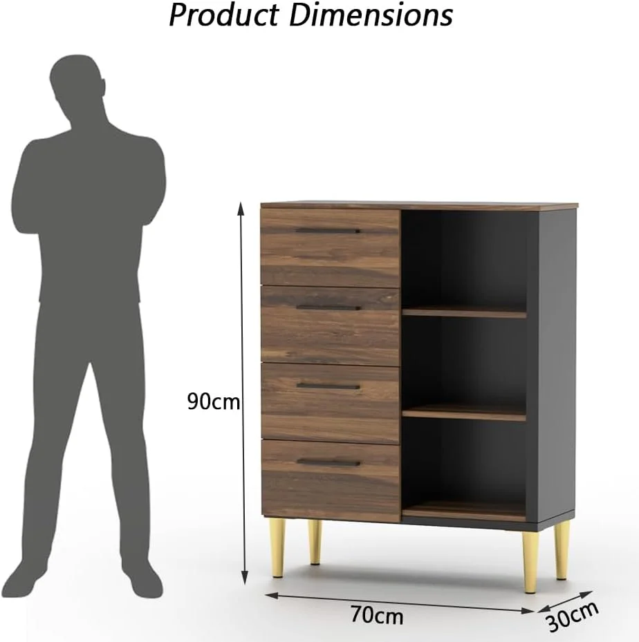 دراور چوبی مدرن Mahmayi با 4 کشو و 3 قفسه نگهداری باز برای اتاق نشیمن، اتاق خواب، دفتر کار خانگی، ورودی - بلوط هانتون تیره و مشکی دراور چوبی مدرن Mahmayi با 4 کشو و 3 قفسه نگهداری باز برای اتاق نشیمن، اتاق خواب، دفتر کار خانگی، ورودی - بلوط هانتون تیره و مشکی