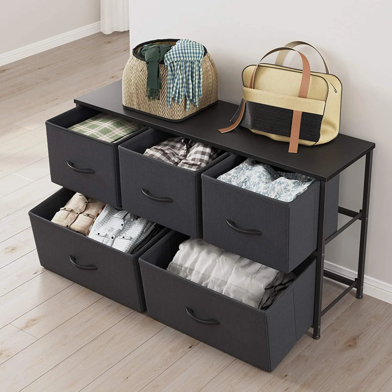 دراور کمدی MUMOO BEAR، دارای 5 کشو، واحد سازمان دهنده ذخیره سازی با کشوهای پارچه ای و قاب فلزی برای لباس، تنقلات، اسباب بازی ها برای اتاق نشیمن و اتاق خواب (قهوه ای)