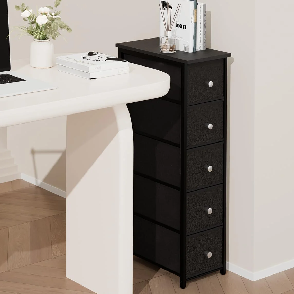 کابینت باریک ذخیره سازی Lurcns برای فضاهای کوچک، کمد باریک حمام با کشو، سازمان دهنده ذخیره سازی بلند و باریک برای حمام و اتاق خواب، کابینت لاغر (مشکی، 5 کشو)