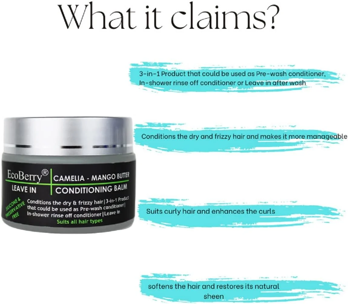 بالم نرم کننده مو EcoBerry حاوی کره انبه و کاملیا، مناسب موهای خشک و وز، نرم کننده و صاف کننده مو، باز کننده گره طبیعی، کاهش شکستگی مو و خشکی پوست سر | محصول 3 در 1
