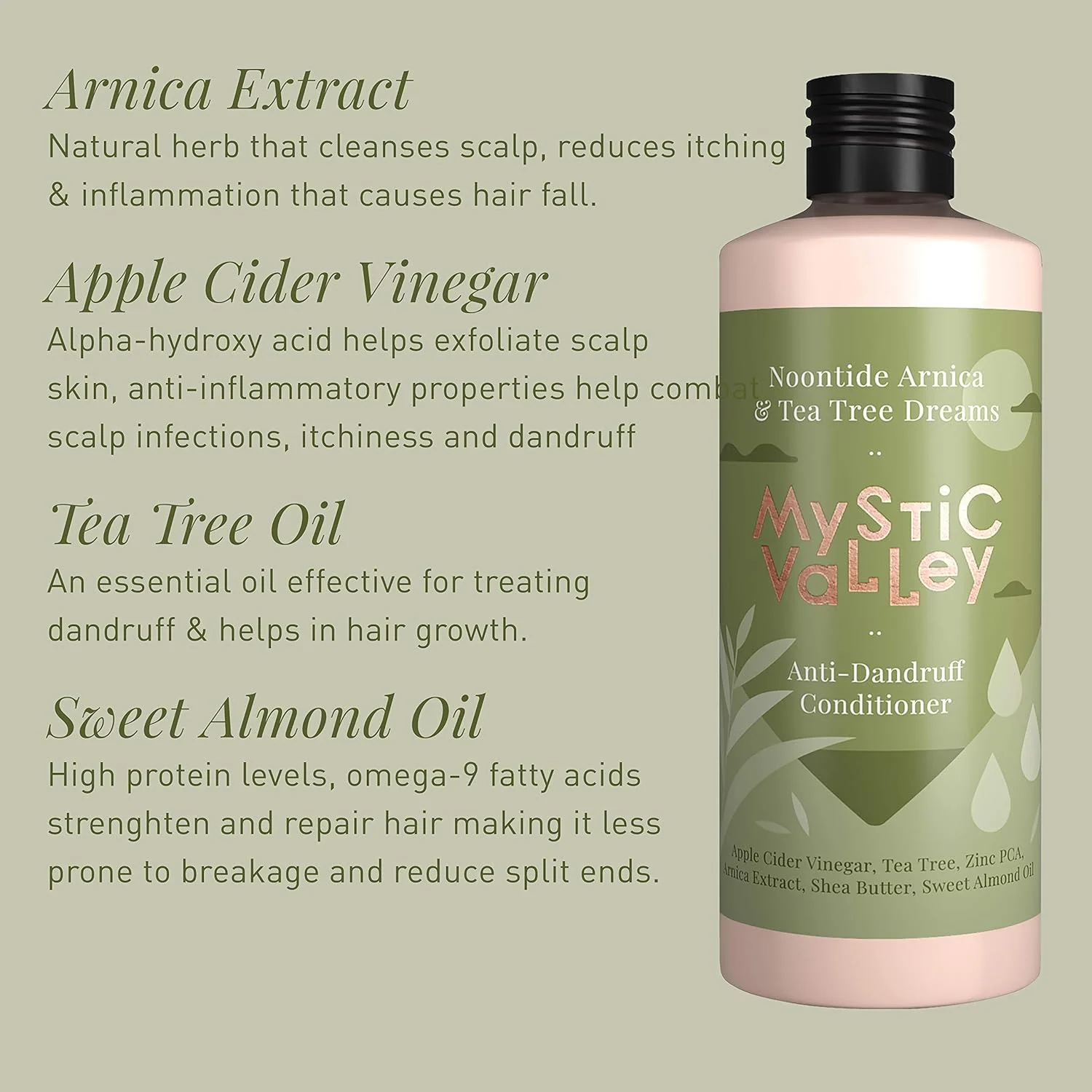 نرم کننده مو ضد شوره میستیک ولی با روغن درخت چای، سرکه سیب و عصاره آرنیکا برای کنترل شوره سر و تعادل PH پوست سر، 350 میلی لیتر