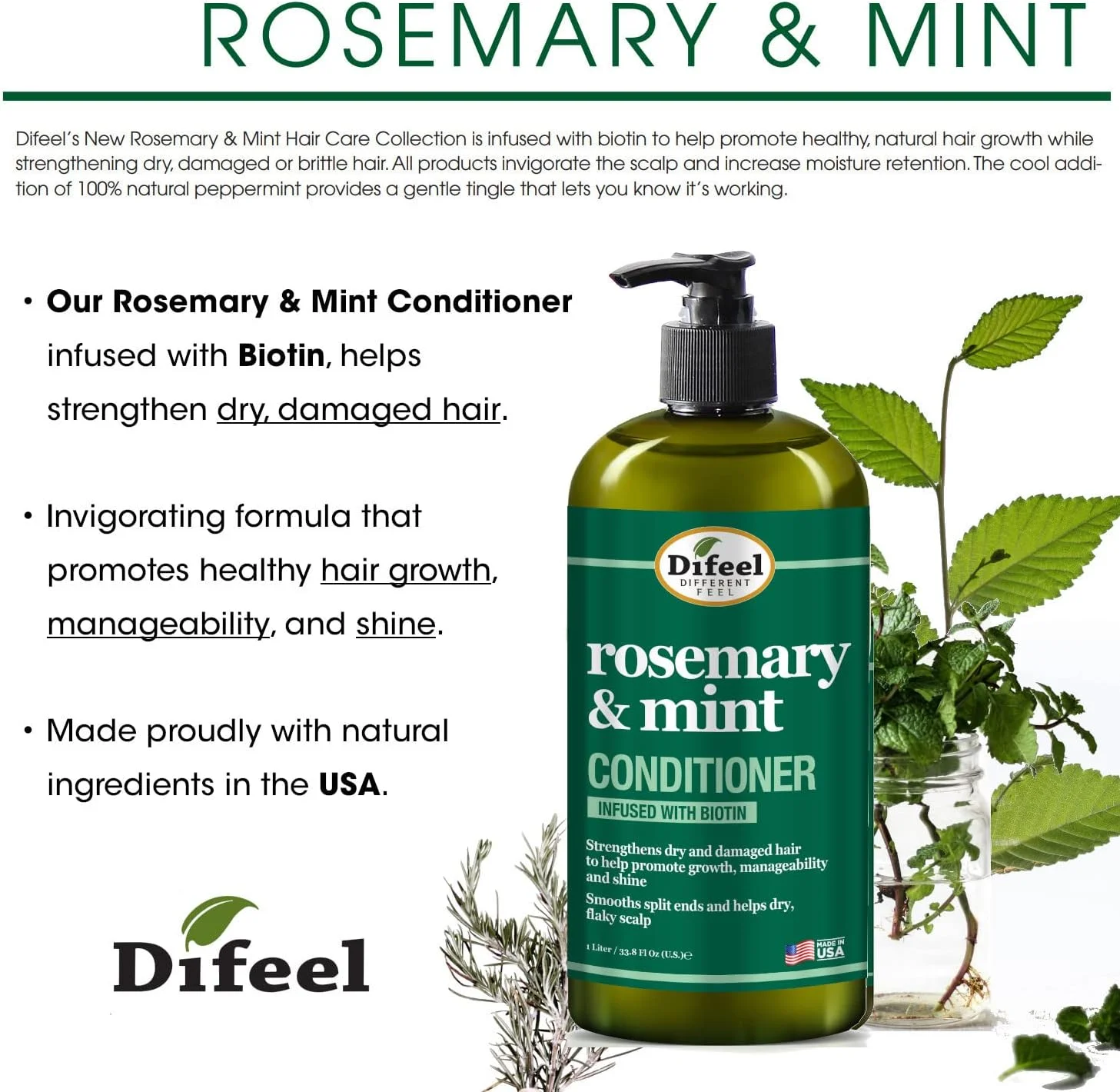 نرم کننده تقویت کننده مو رزماری و نعناع دیفیل حاوی بیوتین 1 لیتری - ساخته شده با روغن رزماری طبیعی برای رشد مو