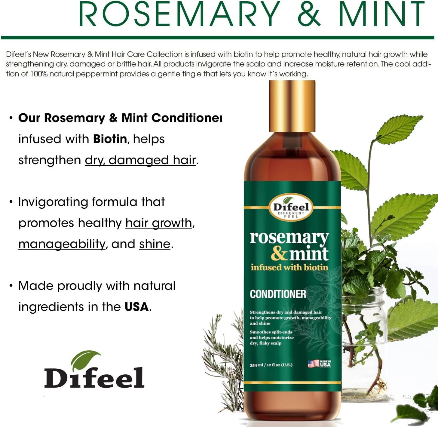 نرم کننده مو رزماری و نعناع دیفیل با بیوتین، 355 میلی لیتر - ساخته شده با رزماری و نعناع طبیعی برای تقویت موهای خشک و آسیب دیده، کمک به رشد، صاف کردن موخوره و مرطوب کردن پوست سر خشک