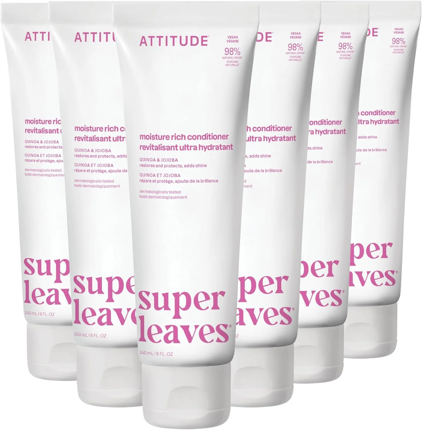 نرم کننده مو آبرسان ATTITUDE، برای موهای خشک و آسیب دیده، مواد تشکیل دهنده طبیعی، باز کننده گره وگان، تست شده توسط متخصص پوست، کینوا و جوجوبا، 240 میلی لیتر (بسته 6 عددی)